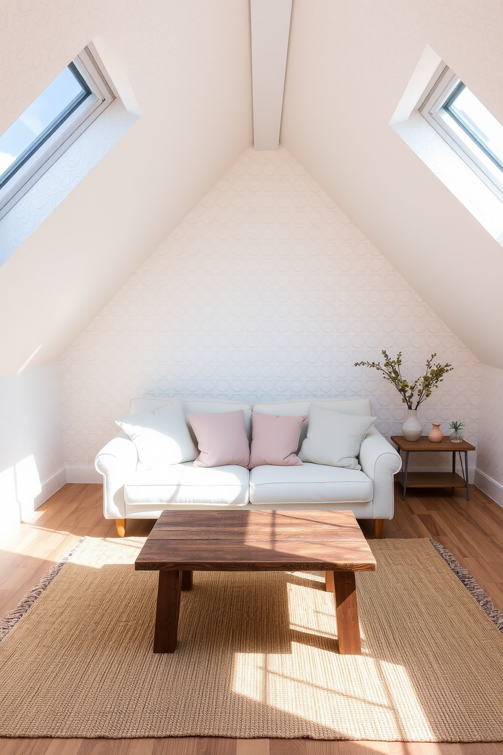 A serene attic room featuring textured white wallpaper that adds depth and visual interest to the space. The room is illuminated by natural light streaming through large skylights, highlighting the soft, airy atmosphere. In the center, a cozy seating area is arranged with a plush white sofa adorned with pastel throw pillows. A rustic wooden coffee table sits in front, complemented by a woven area rug that adds warmth to the design.