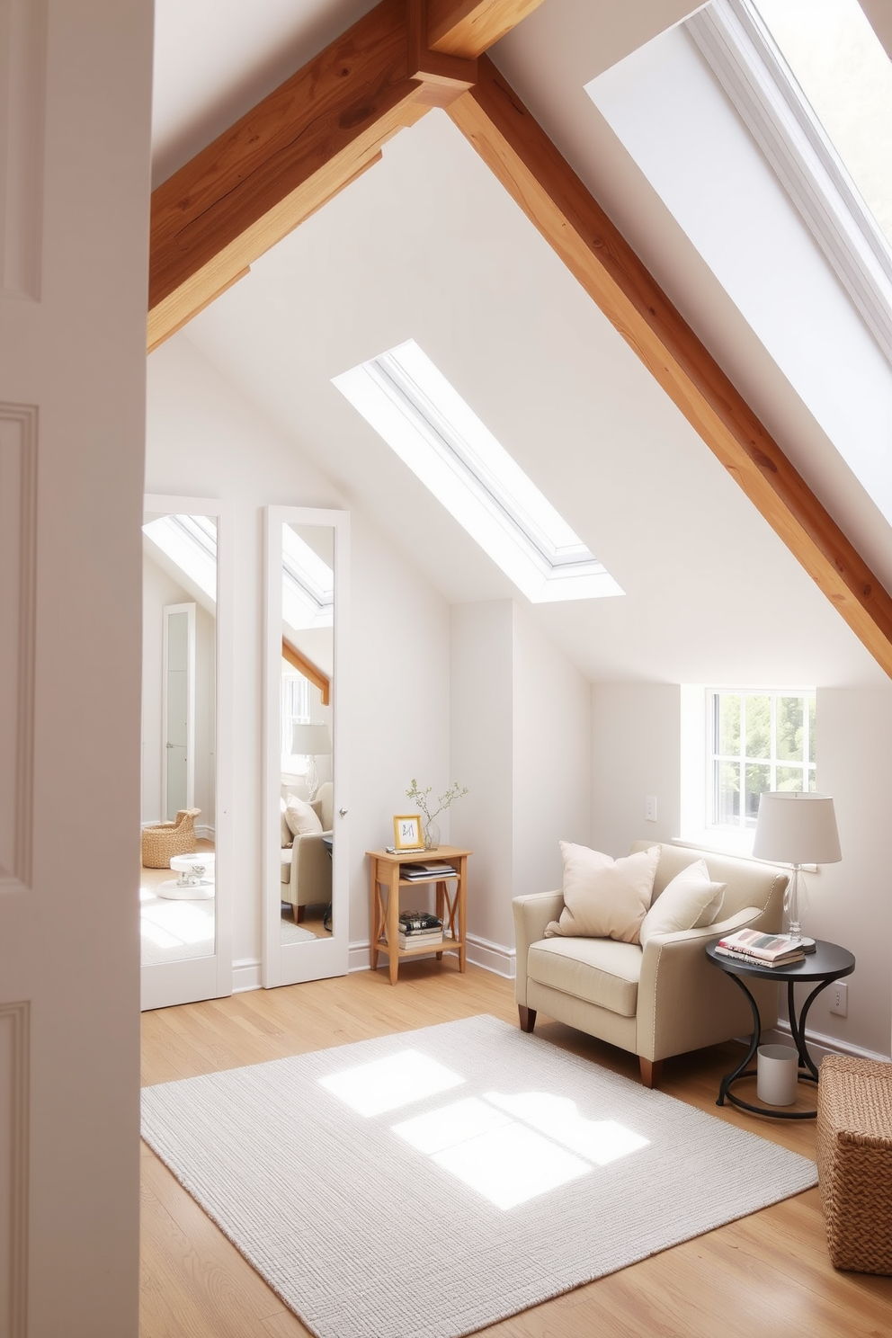 A bright and airy attic room featuring white-framed mirrors that enhance the natural light streaming in through skylights. The walls are painted in a soft white, and the wooden beams are left exposed, adding character to the space. The room is furnished with a cozy reading nook, complete with a plush armchair and a small side table. A light gray area rug anchors the seating area, while decorative pillows in pastel colors add a touch of warmth and comfort.