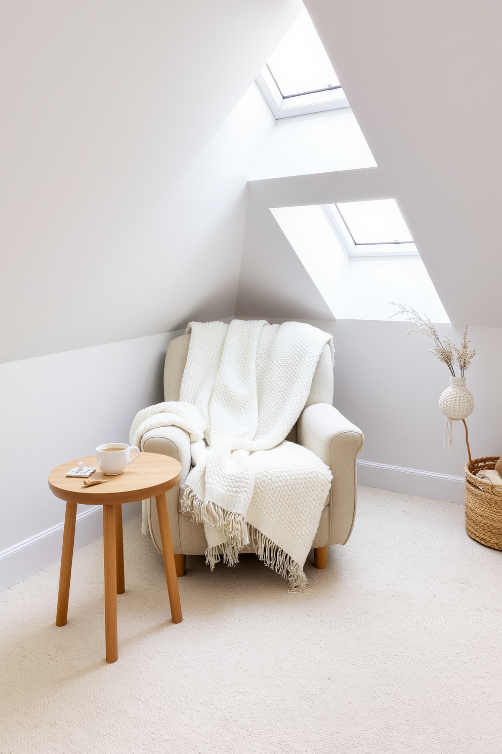 A cozy white attic room designed for relaxation. Soft white throw blankets are draped over a plush armchair, adding warmth and comfort to the space. The walls are painted in a light, airy hue, enhancing the natural light that floods in through the skylights. A small wooden table beside the armchair holds a steaming cup of tea, inviting moments of tranquility.