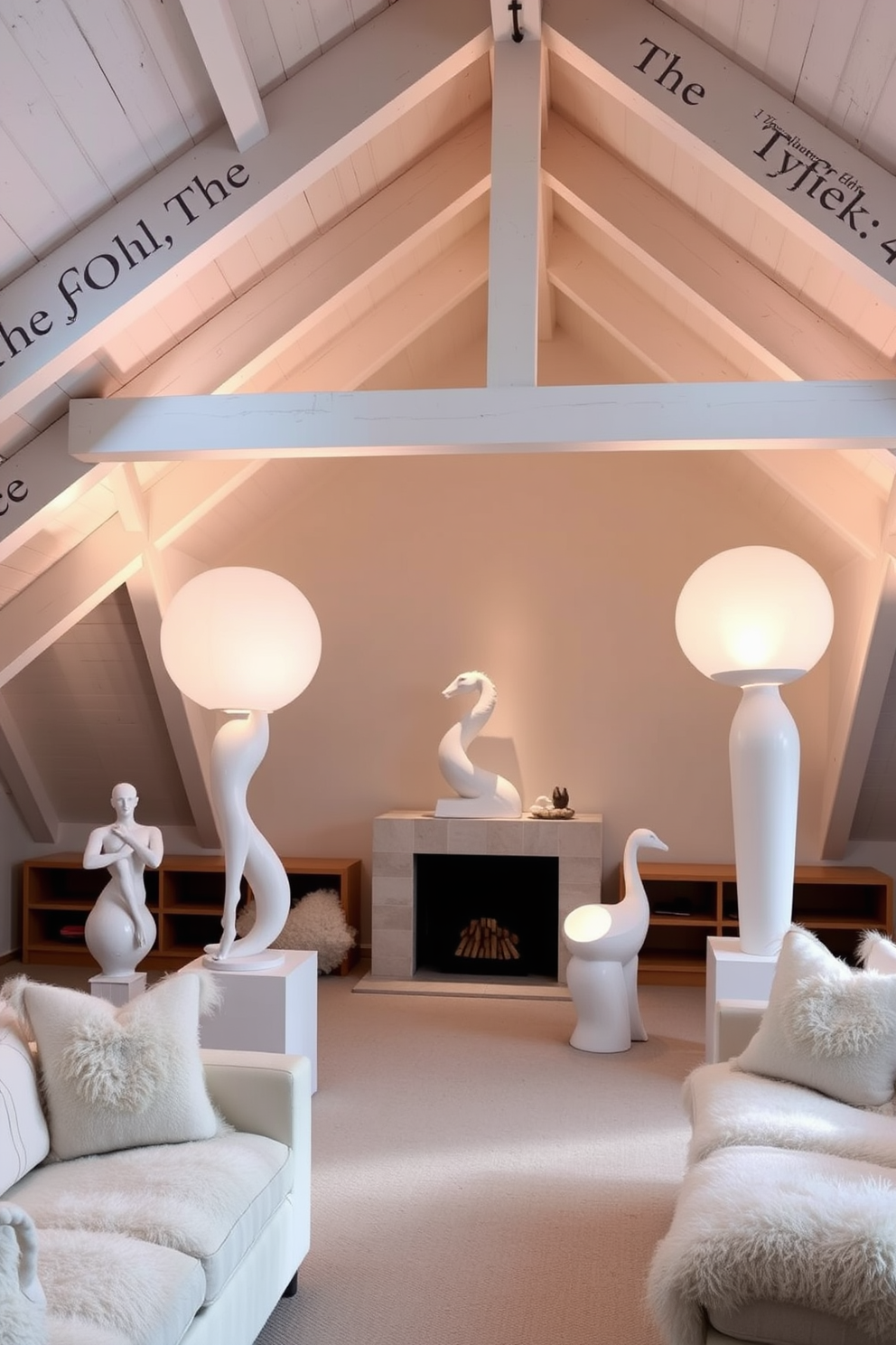 Artistic white sculptures serve as stunning focal points in this serene attic room. The space is adorned with soft, ambient lighting that highlights the intricate details of each sculpture, creating an atmosphere of elegance and creativity. The attic features sloped ceilings with exposed wooden beams, painted in a crisp white finish. Plush, neutral-toned furnishings complement the artistic elements, while large windows invite natural light to flood the room, enhancing the airy feel.