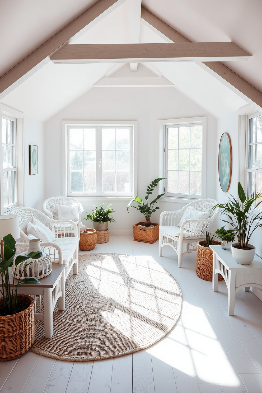 A serene attic room design featuring white wicker furniture that creates a breezy, relaxed atmosphere. Large windows allow natural light to flood the space, highlighting soft pastel accents and a cozy reading nook with plush cushions. The walls are painted in a soft white hue, complemented by light wooden beams that add warmth to the room. A woven area rug anchors the seating area, while potted plants bring a touch of nature indoors, enhancing the airy vibe.