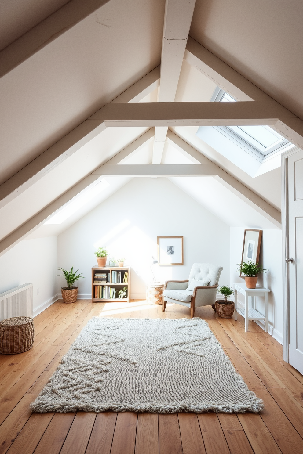 A serene attic room with whitewashed beams that add rustic charm to the space. The walls are painted in soft white, and the wooden floor is complemented by a plush area rug in neutral tones. Natural light floods the room through skylights, illuminating a cozy reading nook with a vintage armchair and a small bookshelf. Decorative elements include potted plants and framed art that reflect a minimalist aesthetic.