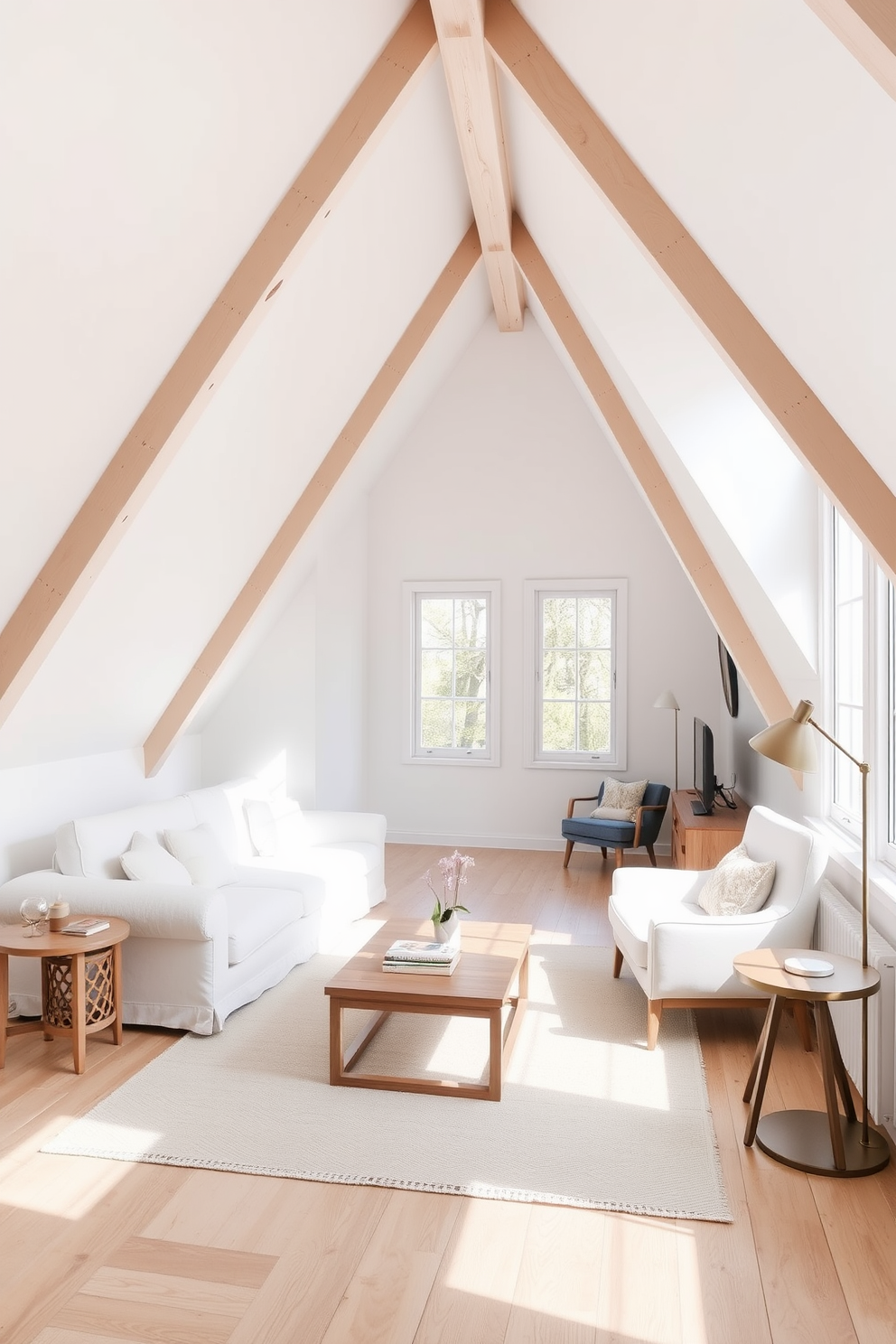 A serene white attic room featuring light wood accents that add warmth and softness to the space. The sloped ceilings are adorned with exposed beams, creating an inviting atmosphere while large windows allow natural light to flood the room. The floor is finished with light hardwood, complemented by a cozy area rug in soft neutral tones. Furnishings include a plush white sofa, a minimalist wooden coffee table, and a small reading nook with a stylish armchair and floor lamp, enhancing the room's comfort and functionality.