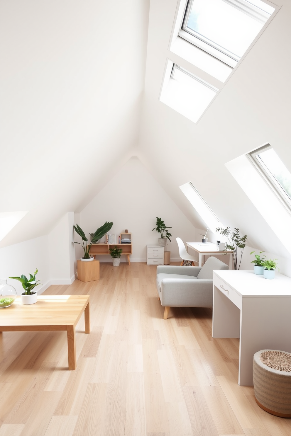 A minimalist attic room featuring light wooden flooring and white walls, creating an airy atmosphere. The furniture includes a sleek, low-profile sofa in soft gray, paired with a simple wooden coffee table and a few potted plants for a touch of greenery. The room is illuminated by natural light streaming through large skylights, enhancing the open feel. A minimalist desk with a clean design sits in one corner, complemented by a comfortable, ergonomic chair, providing a functional workspace without clutter.