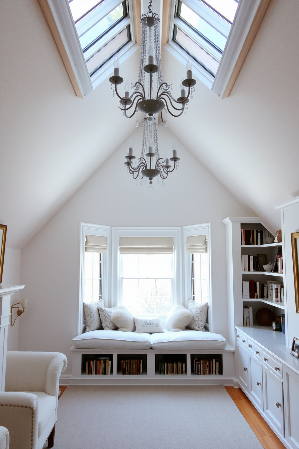 A white attic room filled with natural light, featuring sloped ceilings and exposed wooden beams. The space is adorned with an elegant chandelier that adds a touch of luxury, complementing the soft white walls and plush furnishings. A cozy reading nook is created by a large window seat with plush cushions, surrounded by built-in bookshelves. The room is accentuated with subtle touches of gold in decor pieces, enhancing the sophisticated atmosphere.