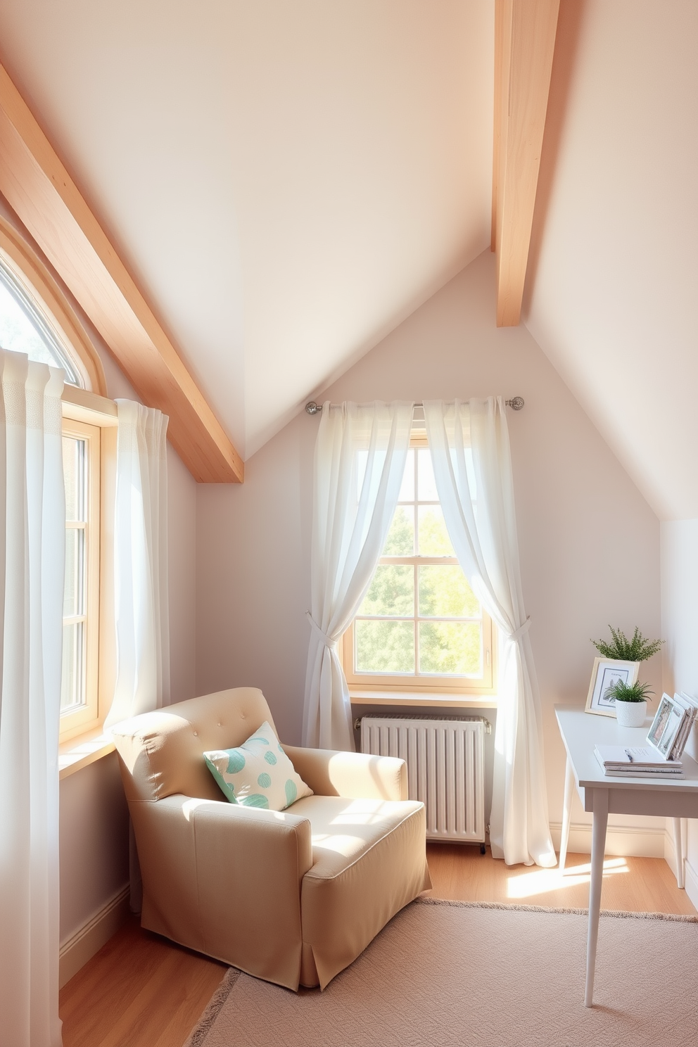 A serene attic room bathed in natural light, featuring soft white curtains that gracefully frame the windows. The walls are painted in a soft pastel hue, complemented by light wooden beams that add warmth and character to the space. The room is furnished with a cozy reading nook, complete with a plush armchair and a small side table. A minimalist desk occupies one corner, adorned with stylish stationery and a small potted plant for a touch of greenery.