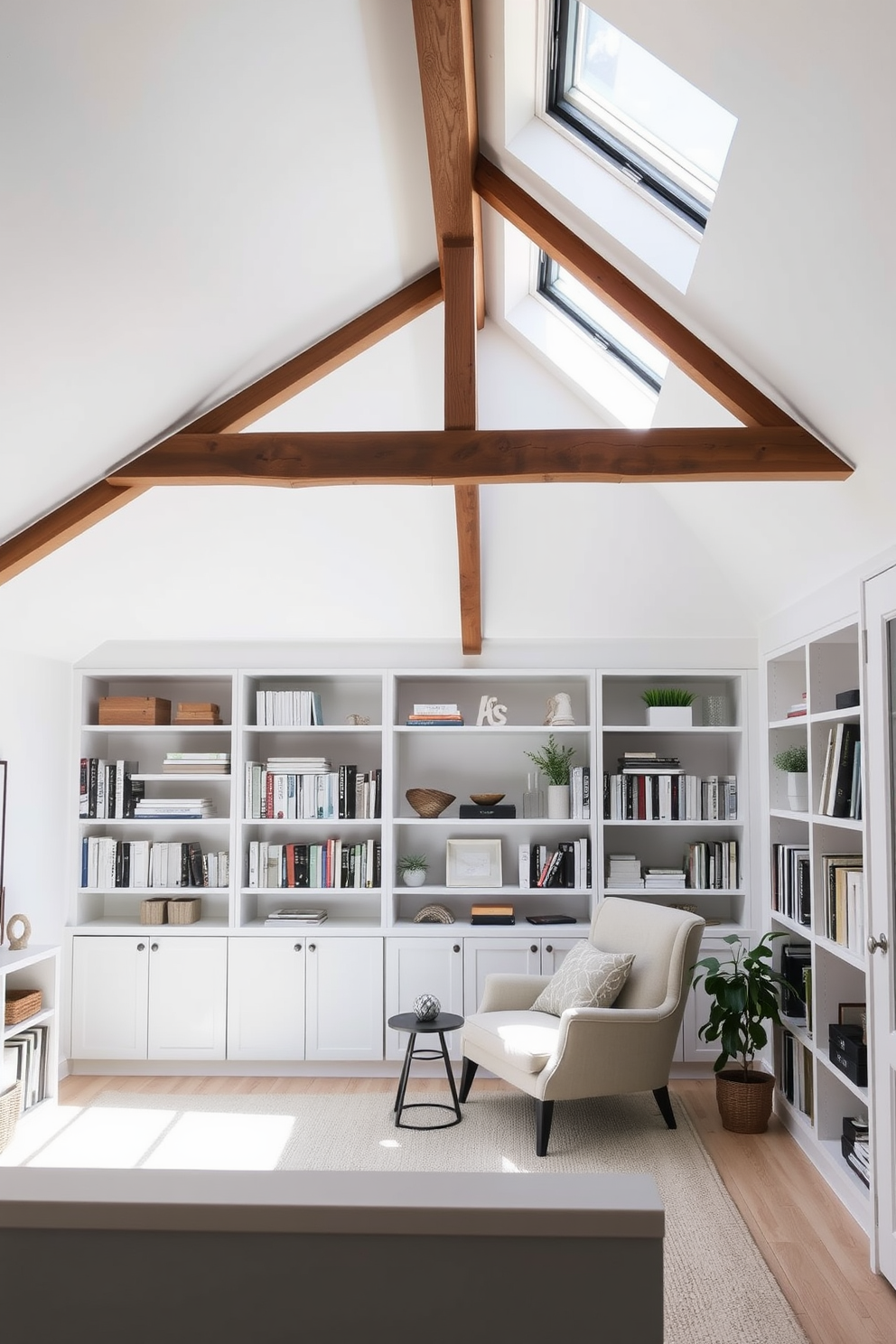 A serene white attic room featuring built-in shelving that seamlessly integrates smart storage solutions. The shelves are adorned with books, decorative boxes, and potted plants, maximizing both functionality and aesthetics. Natural light floods the space through large skylights, highlighting the crisp white walls and wooden beams. A cozy reading nook with a plush armchair and a small side table sits beneath the sloped ceiling, creating an inviting atmosphere.