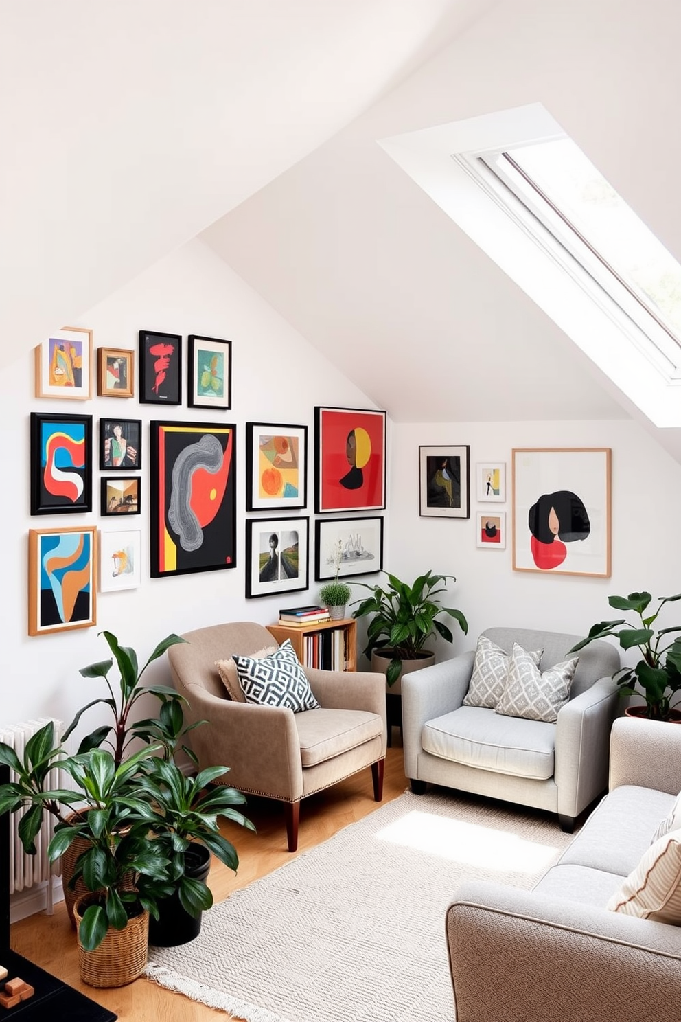 A bright attic room featuring a white accent wall adorned with a curated collection of modern artwork, showcasing a mix of abstract pieces and vibrant colors. Natural light floods the space through skylights, illuminating a cozy reading nook with a plush armchair and a small bookshelf. The room is decorated with soft, neutral furnishings, including a light gray sofa and a textured area rug that adds warmth. Potted plants are strategically placed to bring a touch of nature indoors, enhancing the inviting atmosphere of the attic retreat.