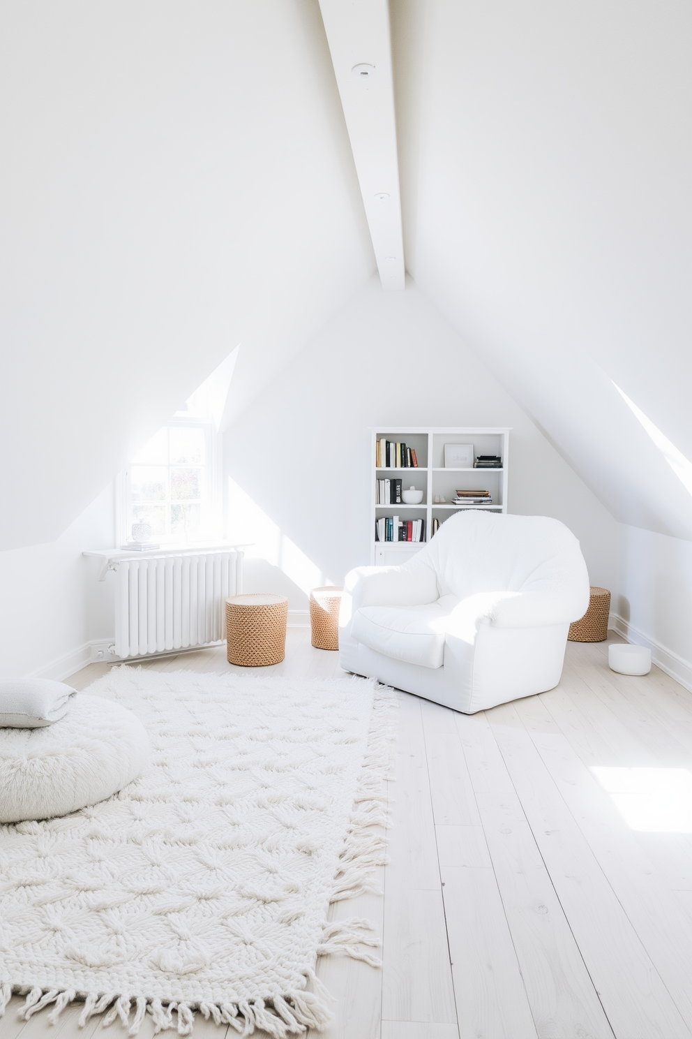 A serene white attic room filled with natural light. Layered white rugs create a textured contrast against the light wooden floor, enhancing the cozy atmosphere. The sloped ceilings are adorned with exposed beams, painted in a soft white to match the walls. A plush, oversized armchair is positioned near a small reading nook, complemented by a minimalist bookshelf filled with curated decor.