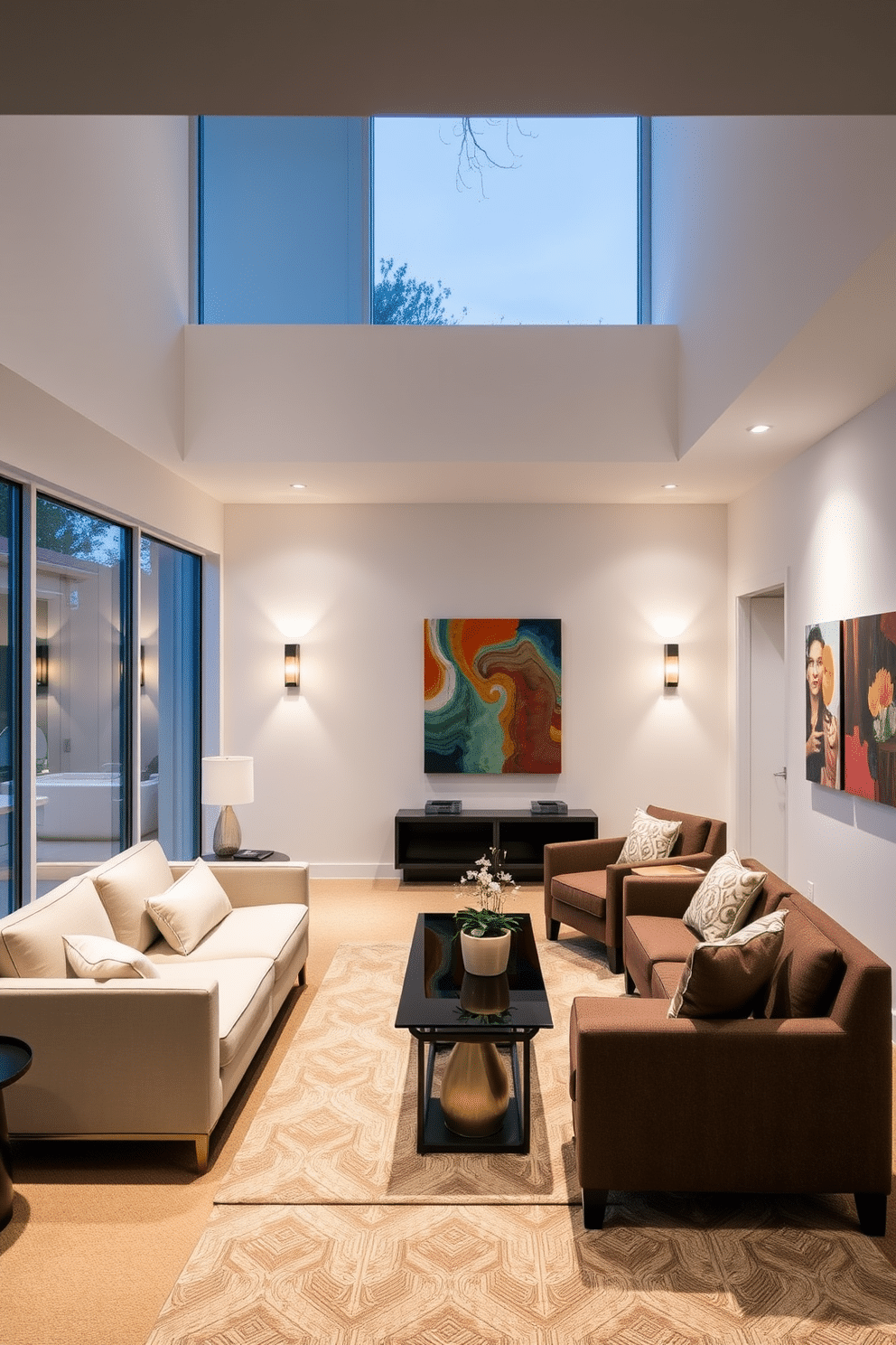 A bright and airy basement designed for relaxation and entertainment. The space features large windows allowing natural light to flood in, complemented by modern, stylish lighting fixtures that create a warm ambiance. The walls are painted in a soft white, creating a clean backdrop for colorful artwork. Plush seating arrangements are positioned around a sleek coffee table, inviting guests to gather and enjoy the space.