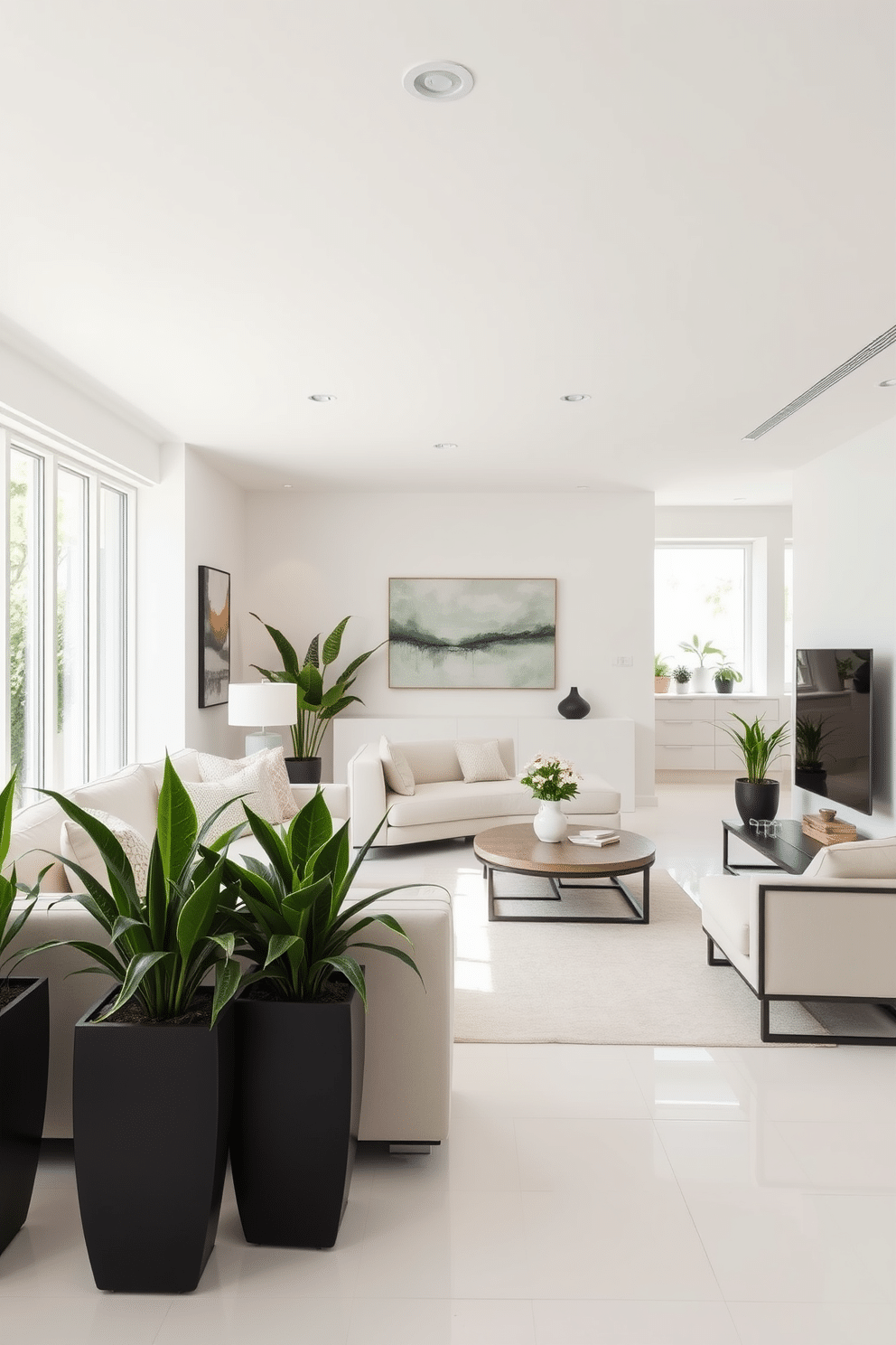 A serene minimalist living space featuring a soft white palette with sleek furniture lines and large windows allowing natural light to flood the room. Strategically placed greenery in modern planters adds vibrant pops of color, enhancing the calm atmosphere. An elegant white basement designed for relaxation and entertainment, showcasing a combination of cozy seating and functional spaces. The design incorporates subtle textures and lighting, creating an inviting ambiance that feels both spacious and intimate.