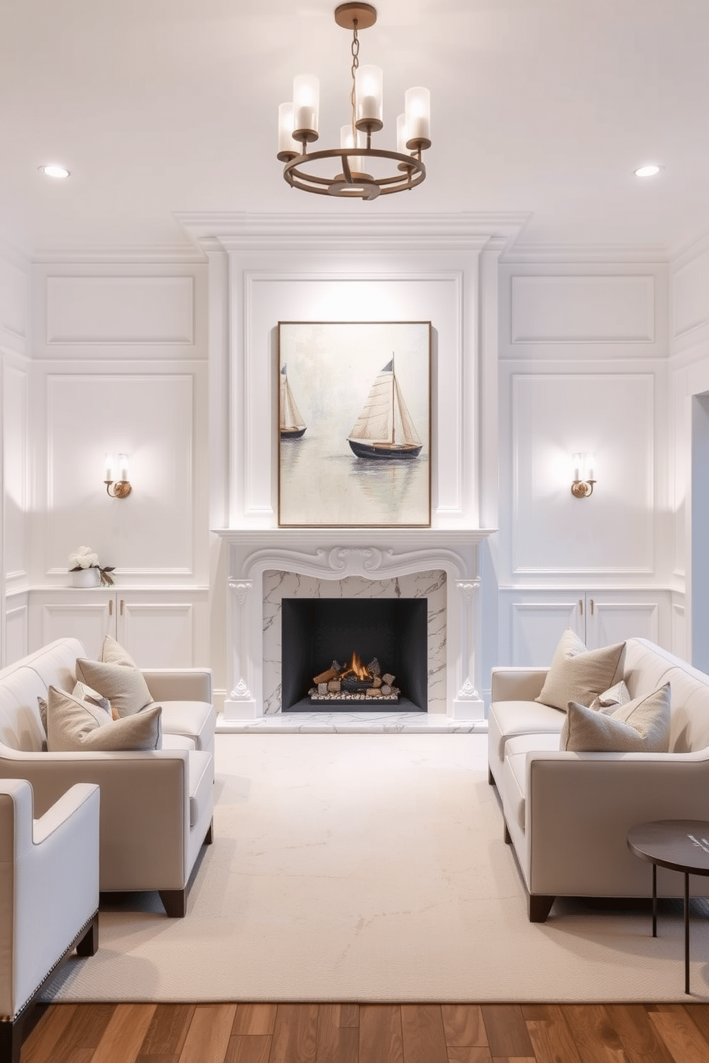 Elegant white fireplace as focal point. The fireplace features intricate molding and a sleek marble surround, creating a stunning centerpiece in the room. Surrounding it, plush seating in soft neutrals invites comfort, while a large piece of art hangs above, adding a pop of color and personality. White Basement Design Ideas. The basement is designed with a bright, airy feel, utilizing white walls and light wood accents to create an open atmosphere. Cozy seating areas are arranged for relaxation, complemented by stylish lighting fixtures that enhance the space's inviting ambiance.