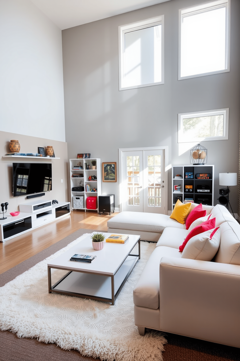 A versatile game area featuring sleek white furniture that includes a modern sectional sofa and a minimalist coffee table. The walls are painted in a soft gray, and large windows allow natural light to flood the space, creating an inviting atmosphere for entertainment. The basement design incorporates a cozy lounge area with a plush white rug and vibrant accent pillows. A wall-mounted entertainment system is complemented by stylish shelving units displaying games and decorative items, enhancing the overall aesthetic.