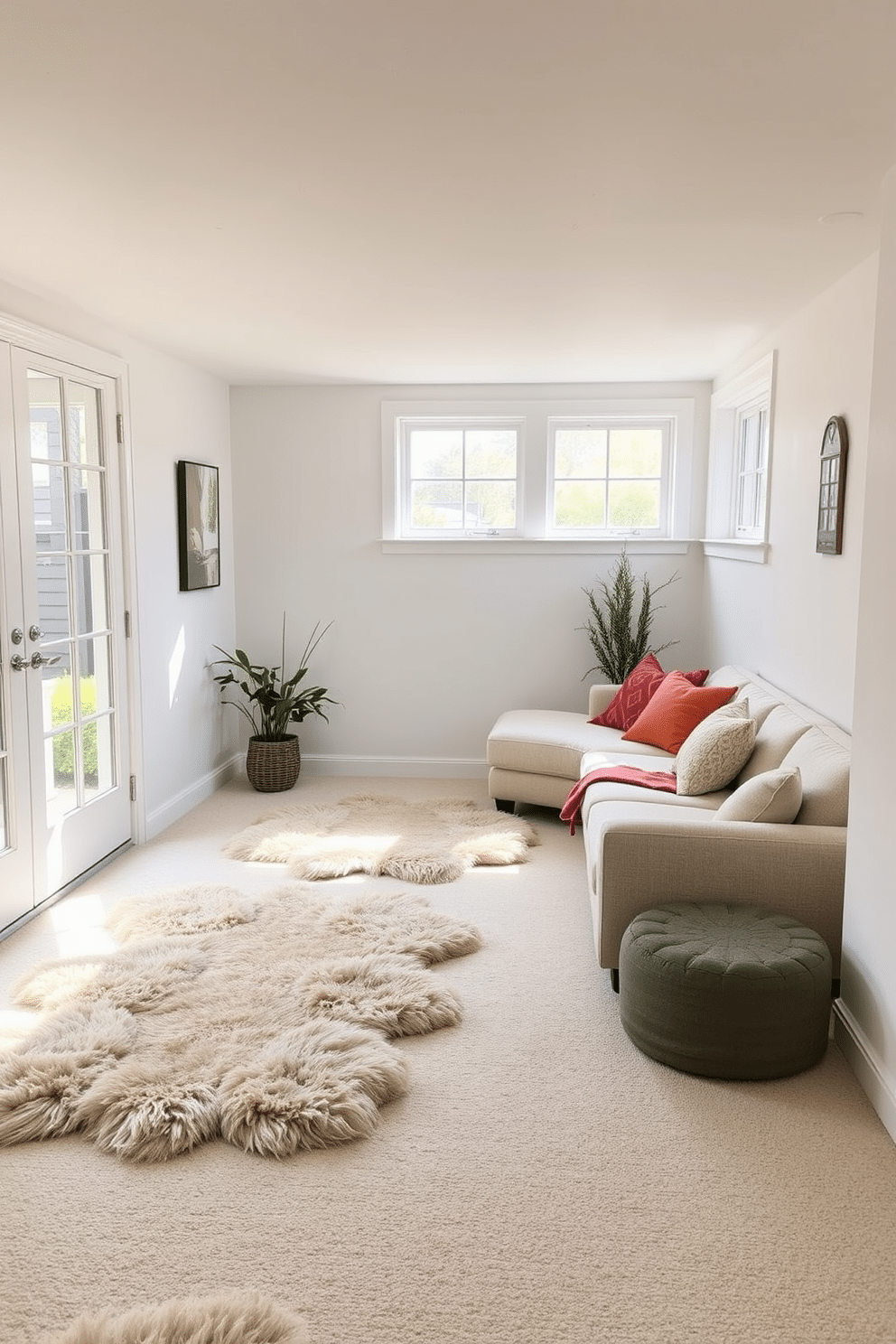 A cozy white basement designed for relaxation. The space features soft area rugs scattered across the floor, creating a warm and inviting atmosphere. In one corner, a plush sectional sofa is adorned with colorful throw pillows. Large windows allow natural light to flood in, highlighting the light-colored walls and enhancing the airy feel.