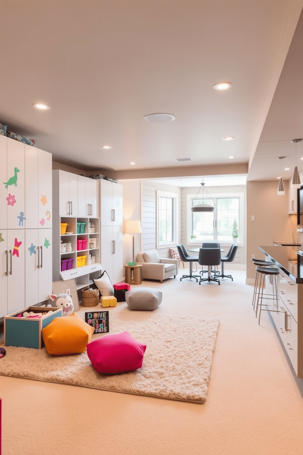 A vibrant playroom filled with imaginative designs. The space features colorful wall decals, a soft area rug, and white storage solutions neatly organized along the walls. A modern basement retreat designed for relaxation and entertainment. The area includes plush seating, ambient lighting, and a sleek bar, with large windows allowing natural light to flood in.