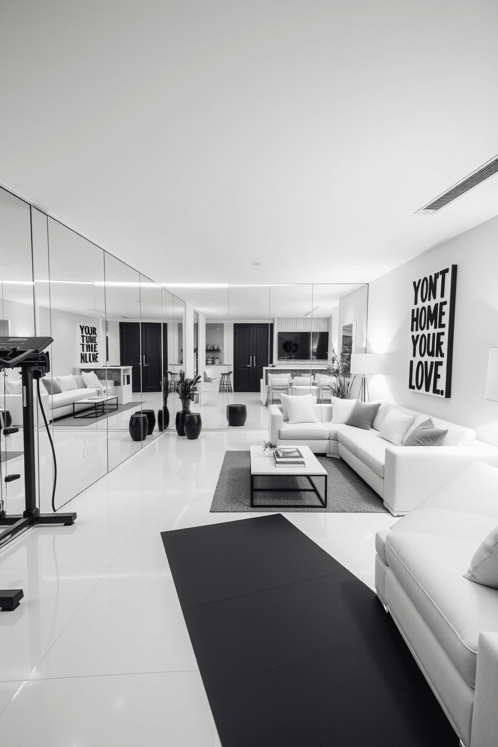 A modern home gym featuring mirrored white walls that create an expansive feel. The space includes sleek black exercise equipment, a large yoga mat, and motivational wall art that inspires fitness. A stylish white basement designed for relaxation and entertainment. The area showcases a cozy seating arrangement with plush sofas, a contemporary coffee table, and soft ambient lighting that enhances the inviting atmosphere.