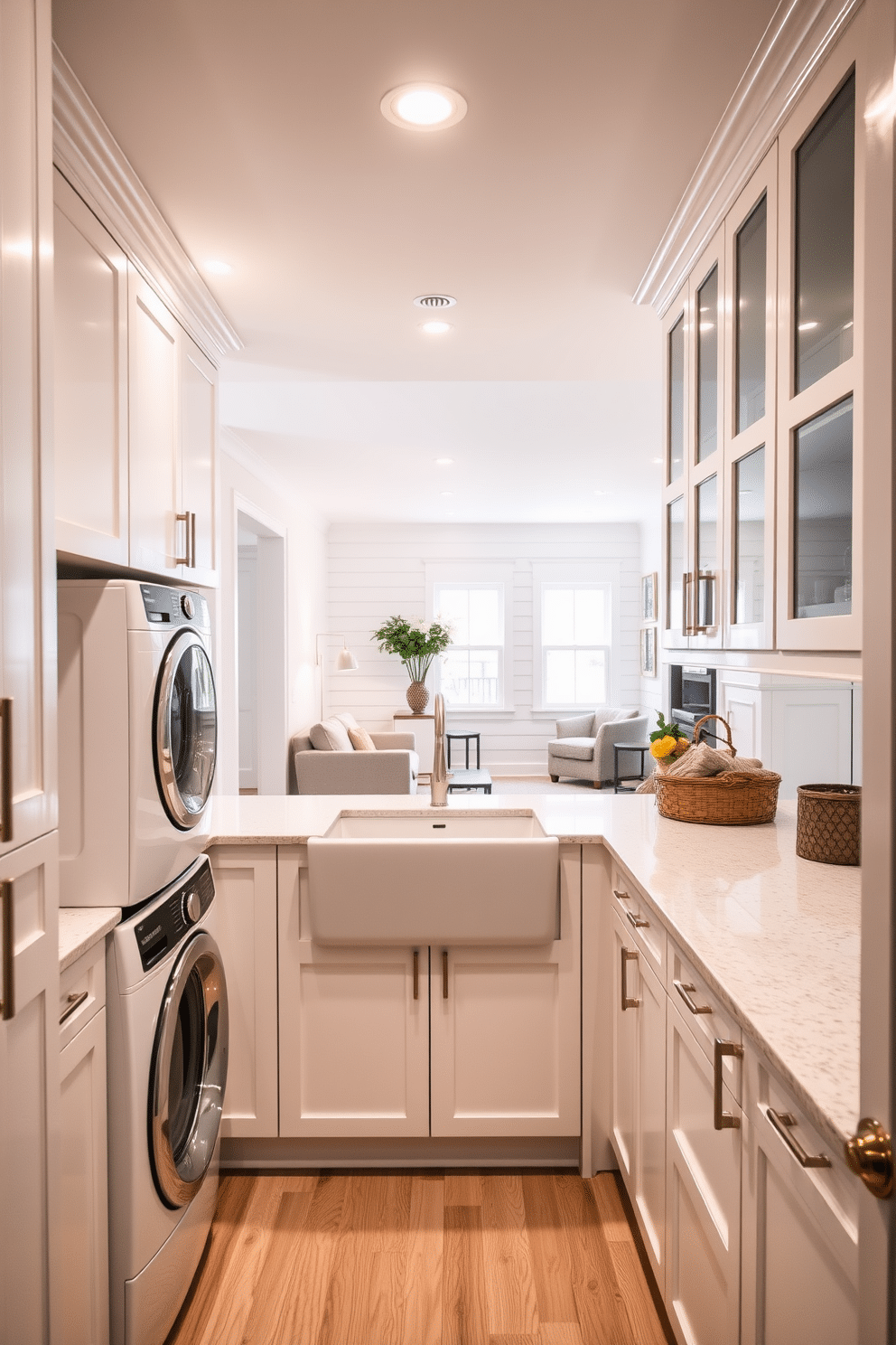 Chic laundry area with white cabinetry. The space features sleek, modern cabinetry with a glossy finish, providing ample storage for laundry essentials. A large farmhouse sink sits in the center, flanked by a countertop that offers space for folding clothes. Soft, ambient lighting illuminates the area, creating a bright and inviting atmosphere. White basement design ideas. The basement is transformed into a stylish retreat with white shiplap walls and light hardwood flooring, enhancing the sense of space. Cozy seating arrangements and a small bar area make it perfect for entertaining, while large windows bring in natural light, making the area feel open and airy.