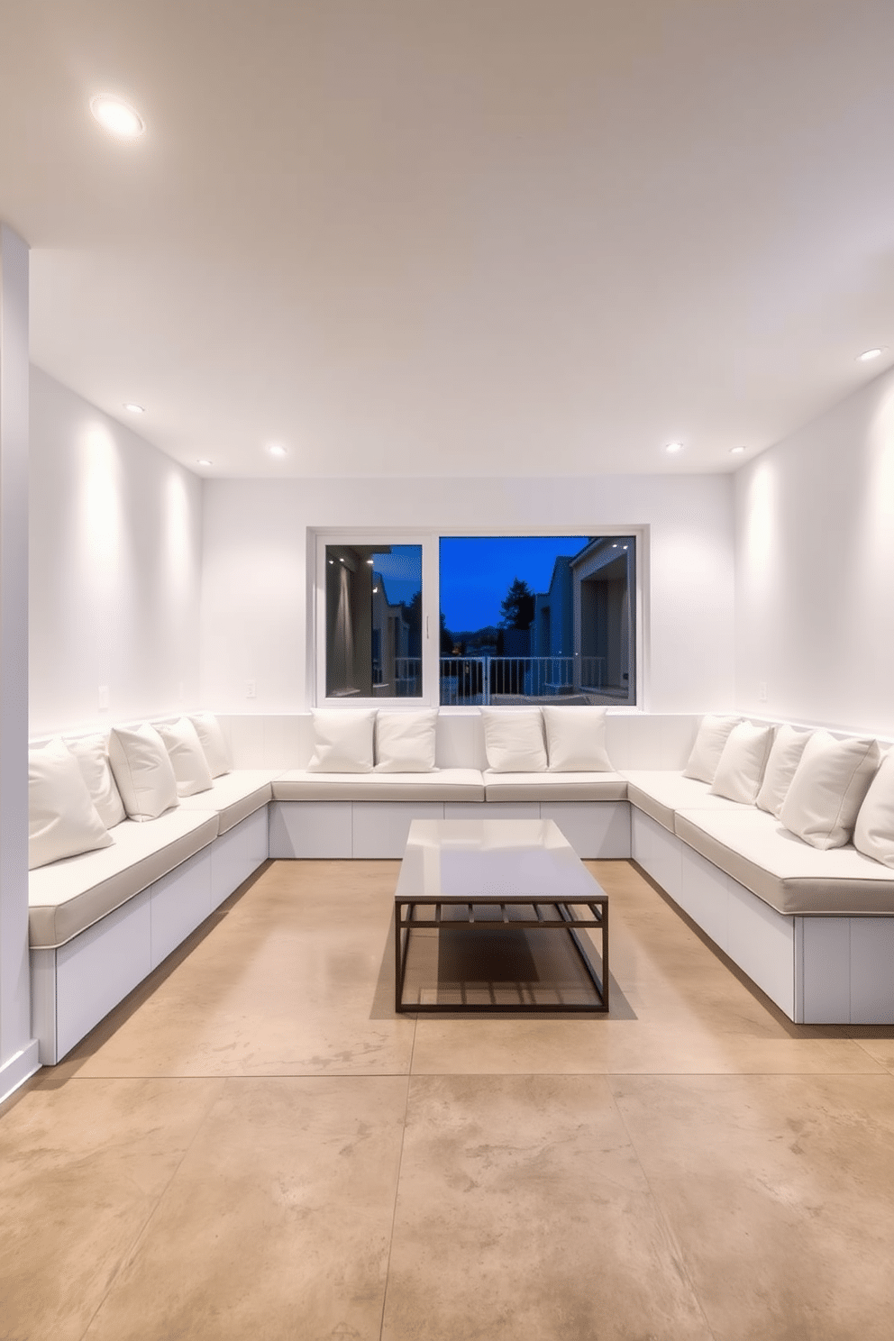 A stylish basement featuring built-in seating with plush white cushions along the walls, creating a cozy nook for relaxation. The space is illuminated by soft recessed lighting, highlighting the sleek, modern aesthetic of the white walls and polished concrete floor. Incorporating a minimalist design, the basement includes a small coffee table in front of the seating area, perfect for entertaining guests. Large windows provide natural light, enhancing the airy feel of the space while maintaining a chic, contemporary vibe.