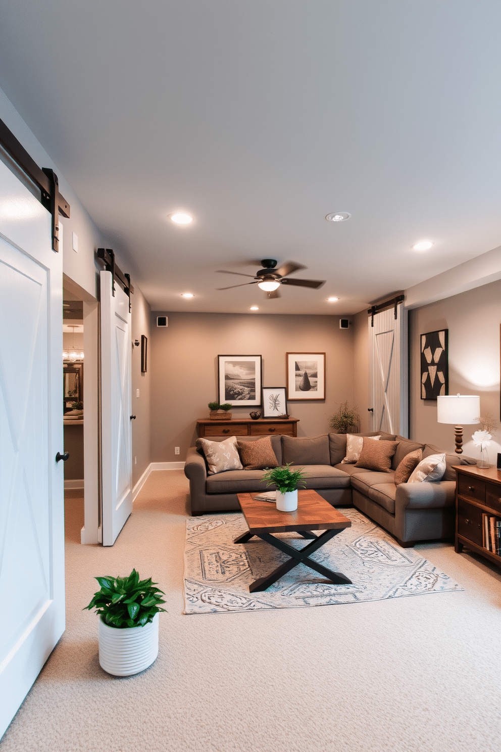 A stylish basement featuring white barn doors that provide a chic separation between spaces. The walls are painted in a soft gray, complemented by warm wood accents and modern lighting fixtures. The open layout includes a cozy seating area with a plush sectional sofa and a rustic coffee table. Decorative elements like framed artwork and potted plants add character to the inviting atmosphere.