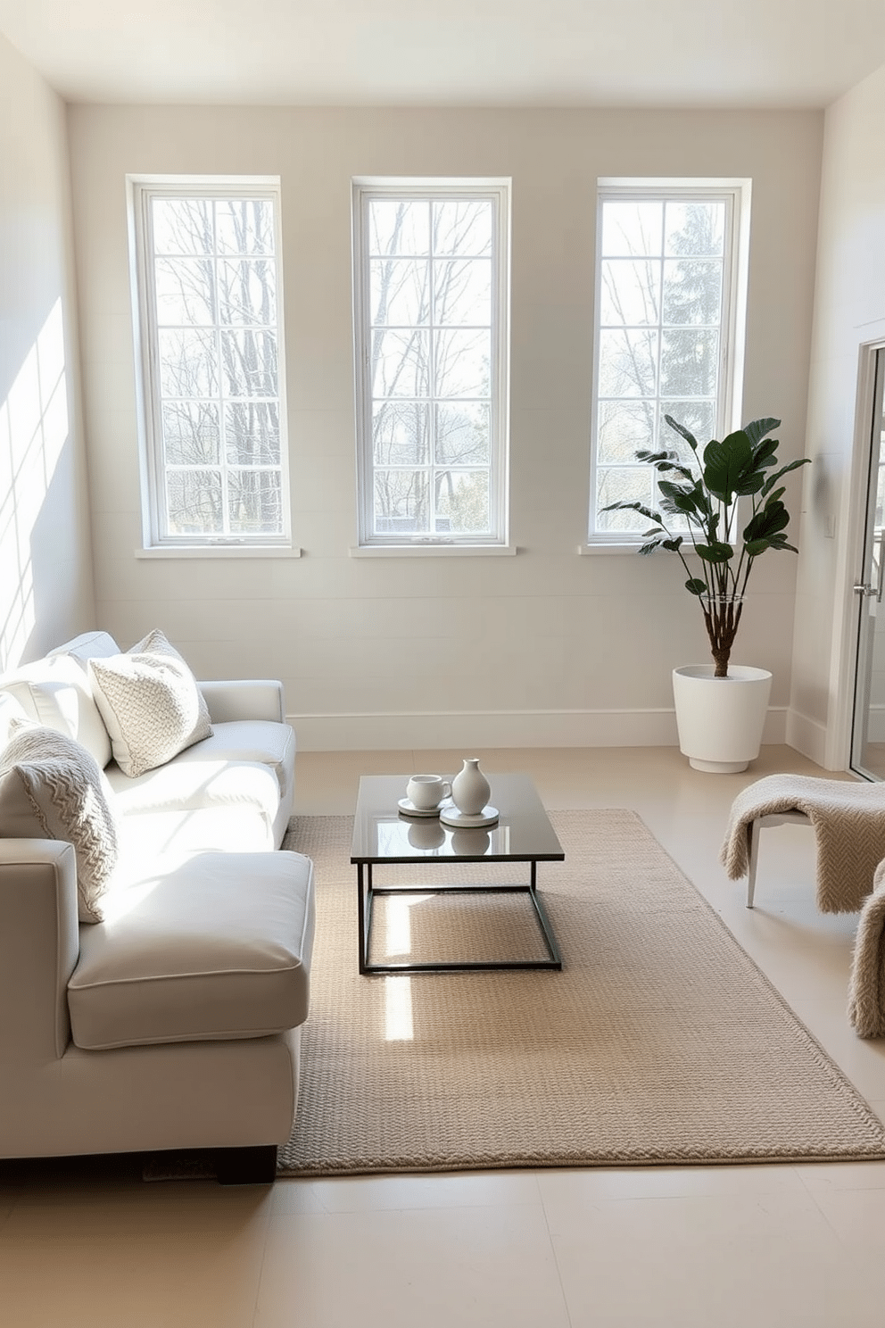 A serene basement retreat featuring a neutral color palette anchored by a crisp white base. The walls are painted in soft beige, complemented by a plush white sectional sofa adorned with textured throw pillows. Natural light pours in through large windows, illuminating the space and enhancing the airy atmosphere. A sleek, minimalist coffee table sits at the center, surrounded by a subtle area rug that adds warmth to the cool tones.