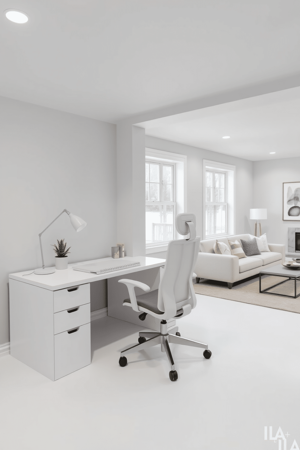 A stylish workspace features a sleek white desk setup with a modern ergonomic chair. The desk is adorned with minimalistic accessories, including a stylish lamp and a potted plant, while the walls are painted in a soft gray for a calming effect. The white basement design showcases a cozy lounge area with plush seating and a contemporary coffee table. Large windows allow natural light to flood the space, complemented by light-colored flooring and accent walls adorned with tasteful artwork.