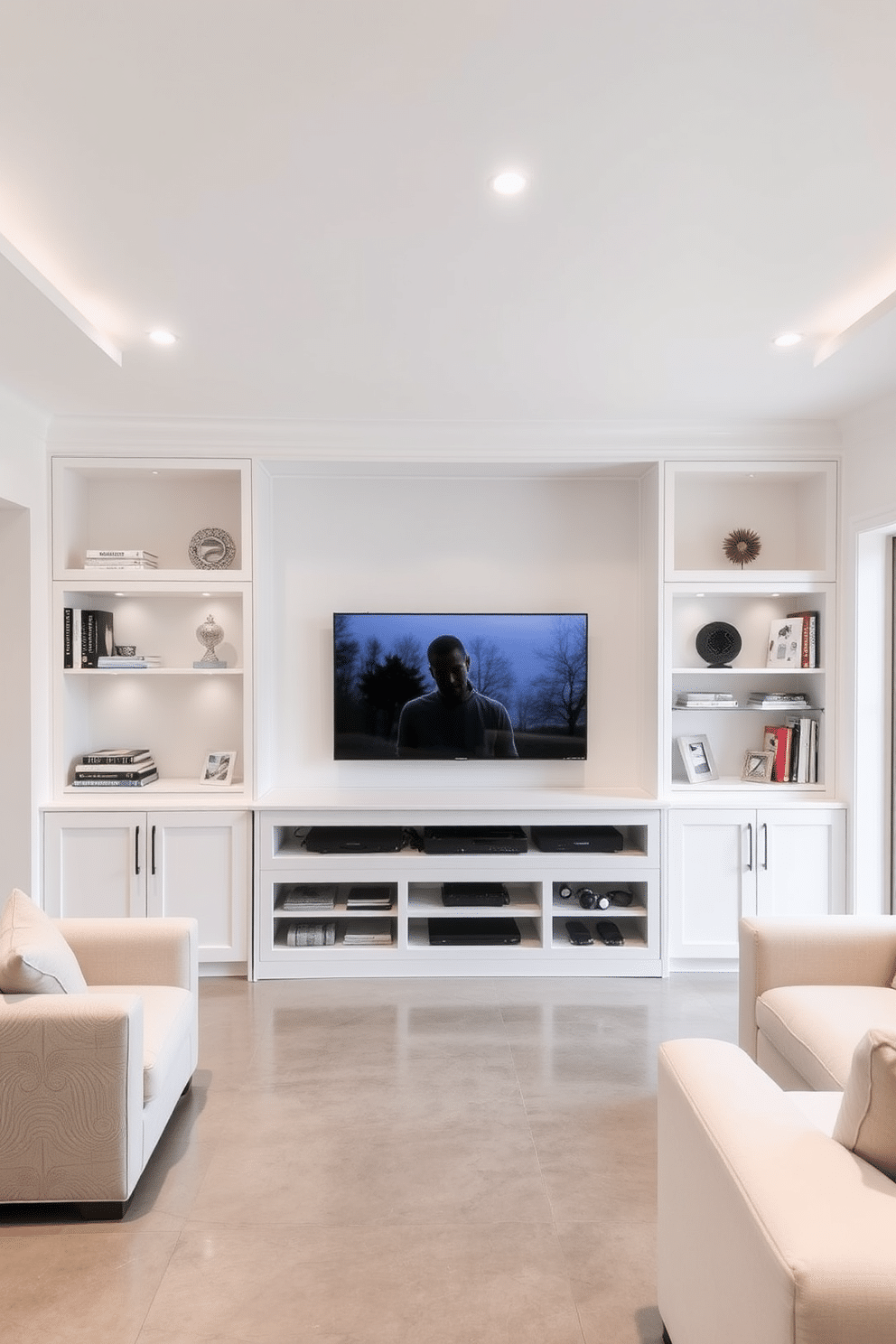 A sleek entertainment center with a white finish dominates the room, featuring built-in shelves for books and decorative items. The center is complemented by a large flat-screen TV mounted above, creating a modern focal point in the space. The white basement design is bright and airy, with recessed lighting illuminating the polished concrete floors. Soft, neutral furniture pieces provide comfort and style, while large windows allow natural light to filter in, enhancing the inviting atmosphere.