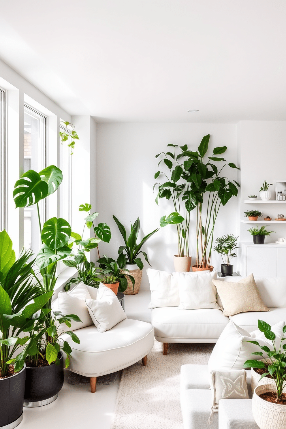 A collection of indoor plants is strategically placed throughout the living space, adding vibrant green hues and a fresh atmosphere. The plants vary in size and type, including tall fiddle leaf figs in corners and small succulents on shelves, creating a harmonious blend of nature and design. The basement features a sleek white aesthetic, with walls painted in a crisp white and complemented by light wood accents. Cozy seating areas are arranged with plush furniture, and large windows allow natural light to filter in, making the space feel open and inviting.