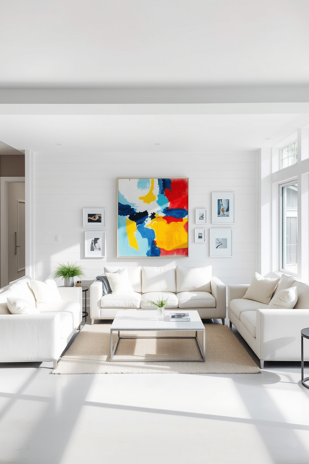 Bright artwork to liven up walls. A large, colorful abstract painting hangs prominently on a light gray wall, energizing the space with vibrant hues of blue, yellow, and red. Surrounding the artwork, minimalist white frames display smaller pieces, creating a gallery-like feel that invites conversation. White basement design ideas. The basement features a sleek, open layout with white shiplap walls and polished concrete floors, creating a bright and airy atmosphere. Plush white sofas are arranged around a modern coffee table, while large windows allow natural light to flood the space, enhancing the overall inviting ambiance.