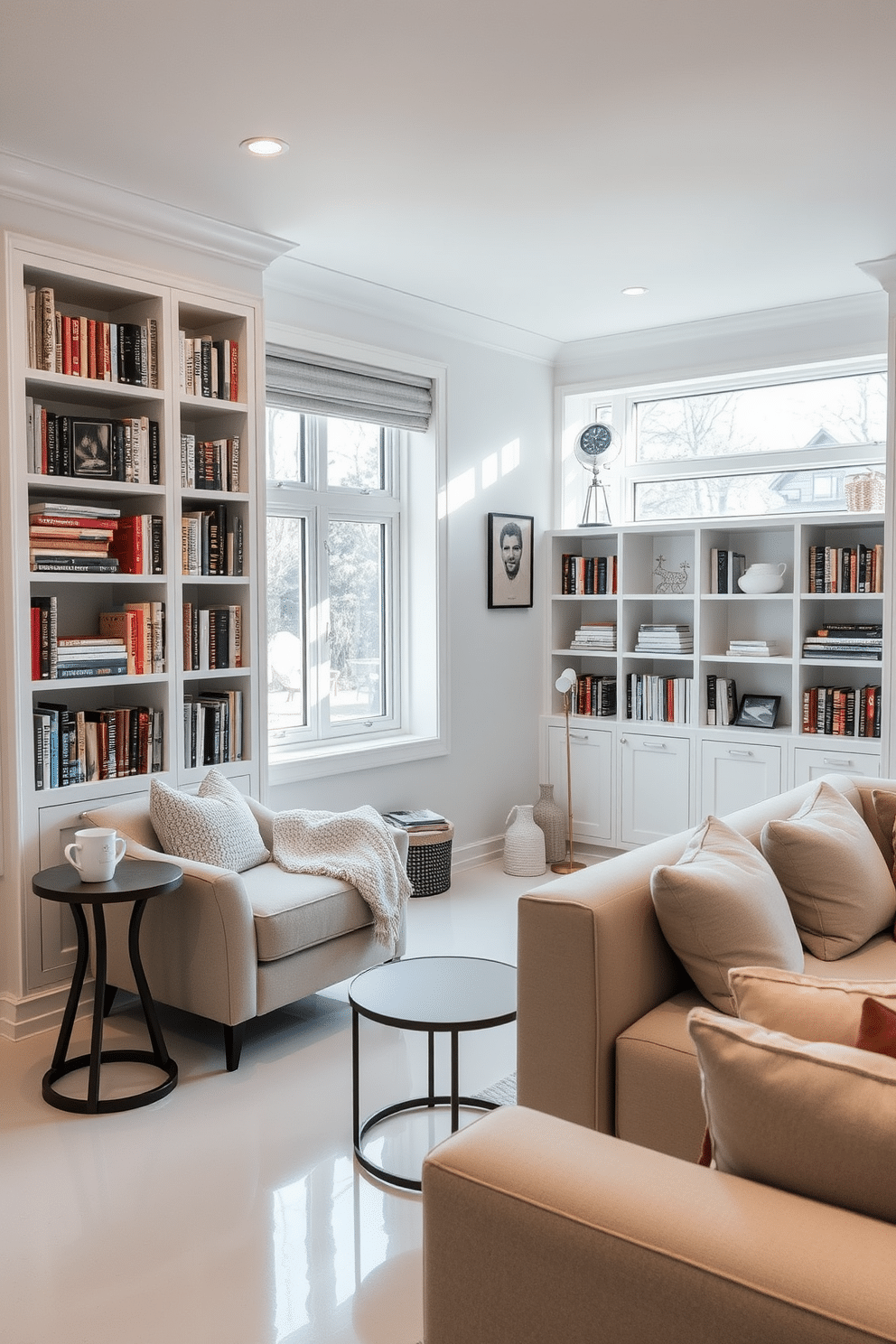 Cozy reading nook with built-in shelves. The nook features a plush armchair in a soft fabric, nestled next to a large window that allows natural light to flood the space. The built-in shelves are filled with an array of books and decorative items, creating a warm and inviting atmosphere. A small side table holds a steaming cup of tea and a cozy throw blanket draped over the armchair. White Basement Design Ideas. The basement is designed with a bright white palette, featuring sleek white walls and a polished concrete floor that reflects light. Comfortable seating arrangements with minimalist furniture create an open and airy feel, while strategically placed lighting enhances the modern aesthetic.