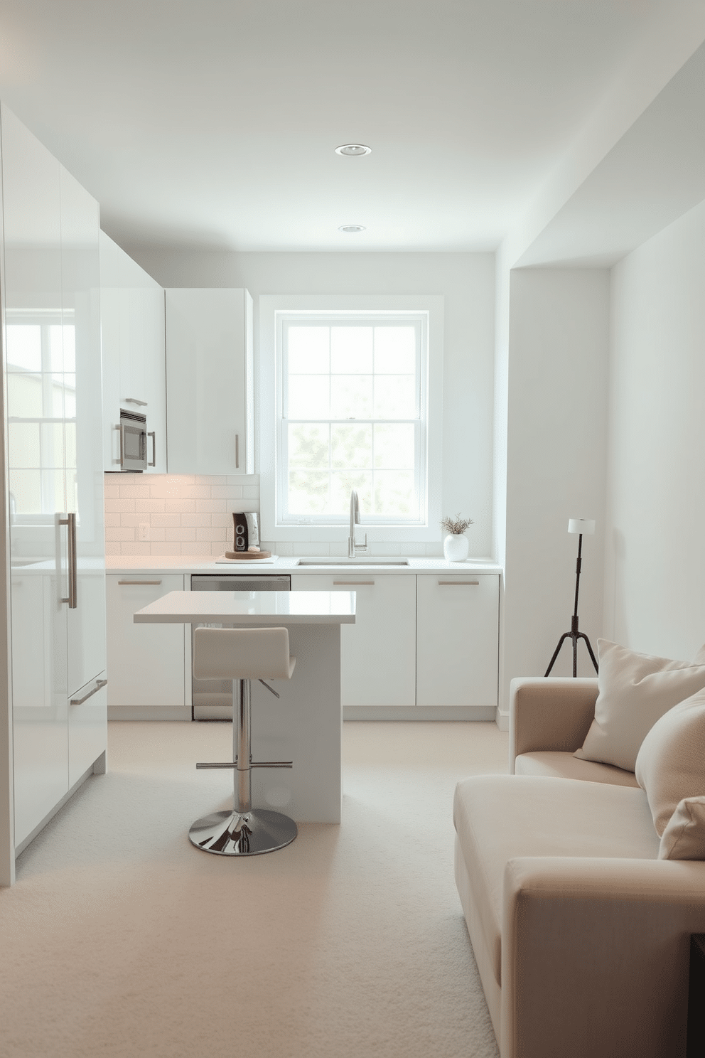 A modern white kitchenette featuring sleek finishes and minimalist design elements. The cabinetry is glossy white with stainless steel handles, complemented by a quartz countertop and a stylish backsplash of subway tiles. The space includes a compact island with bar stools, perfect for casual dining. Natural light floods in through a large window, highlighting the clean lines and open layout of the area. For the white basement design, envision a cozy and inviting space with soft white walls and plush carpeting. The area is furnished with contemporary furniture, including a sectional sofa and a coffee table, creating a perfect spot for relaxation and entertainment.