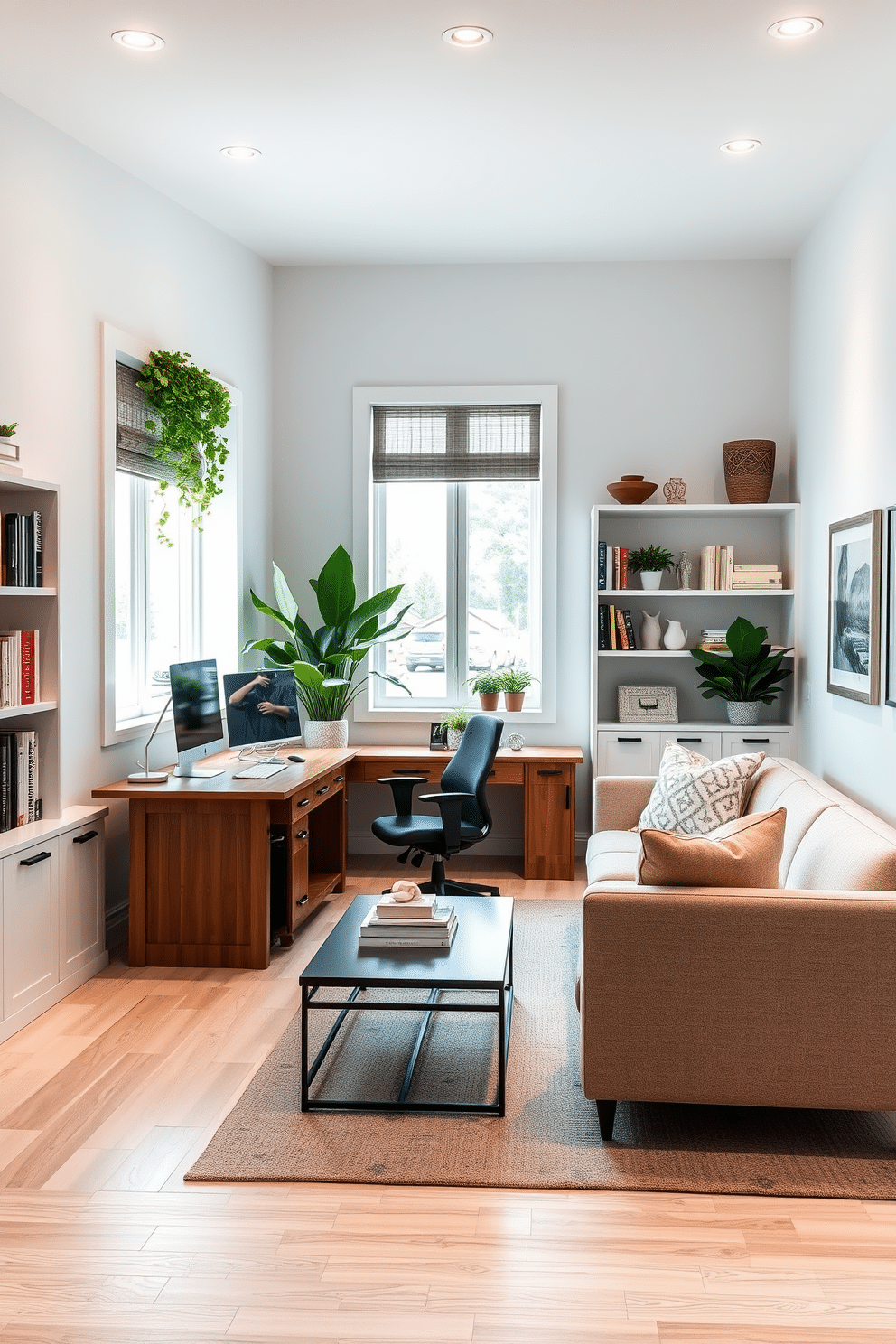 Functional home office with natural light. The workspace features a large wooden desk positioned near a window, allowing ample sunlight to illuminate the area. A comfortable ergonomic chair complements the desk, while shelves filled with books and decorative items line the walls. Soft greenery from potted plants adds a refreshing touch to the space. White Basement Design Ideas. The basement is designed with a bright, airy feel, featuring white walls and light wood flooring that enhance the openness. Cozy seating areas with plush sofas and a sleek coffee table create an inviting atmosphere, while recessed lighting highlights the modern decor.