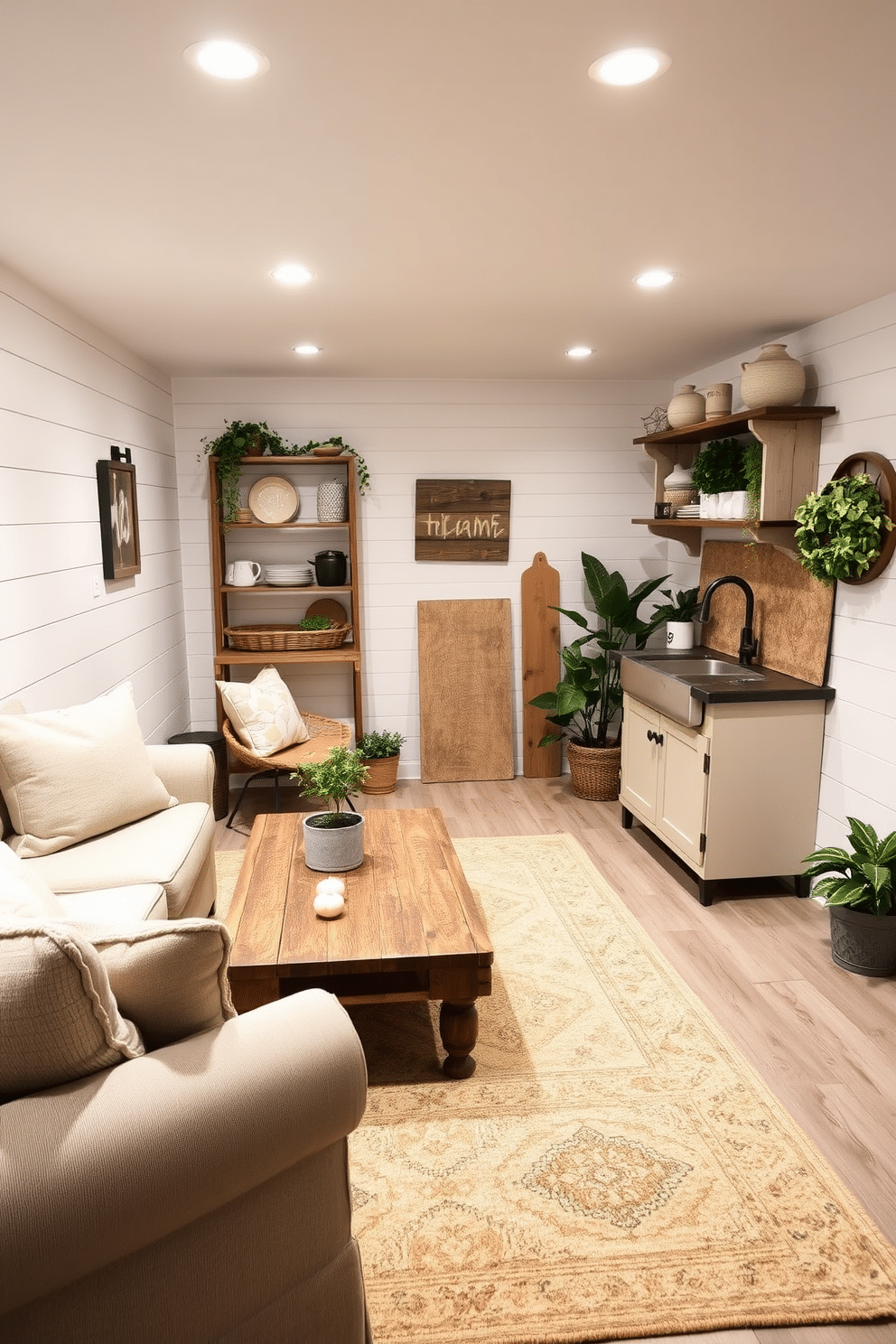 A cozy basement retreat with white shiplap walls that exude rustic charm. The space features comfortable seating with plush cushions, a reclaimed wood coffee table, and soft lighting that creates a warm atmosphere. In one corner, a small kitchenette with open shelving showcases rustic dishware and a vintage-style sink. A large area rug adds texture, while potted plants bring a touch of greenery to the inviting space.