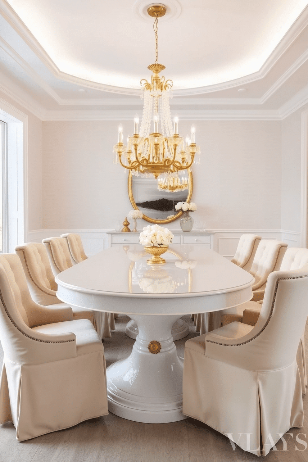 A stunning white dining table with gold accents takes center stage in a bright, airy dining room. Surrounding the table are plush upholstered chairs in a soft cream hue, enhancing the elegance of the space. The walls are adorned with subtle, textured wallpaper in a light shade, complementing the table's sophistication. A large chandelier with gold detailing hangs above, casting a warm glow over the dining area.