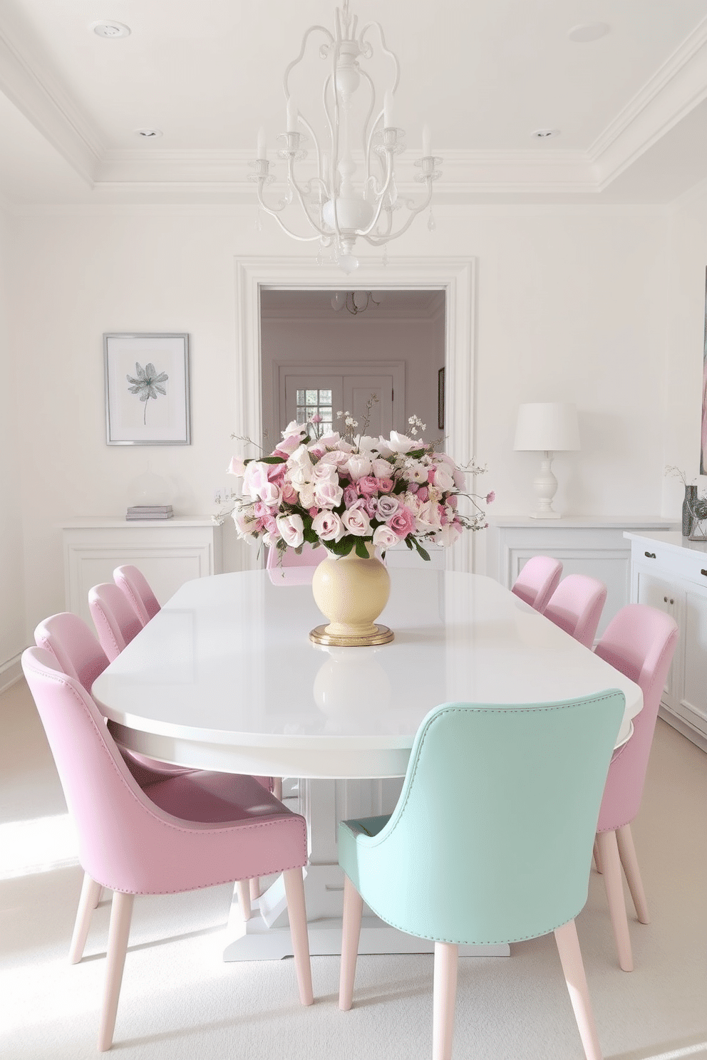 A bright and airy dining room featuring soft pastel accents throughout the space. The walls are painted a crisp white, complemented by a large white dining table surrounded by pastel-colored chairs in shades of pink, mint, and lavender. A stunning centerpiece of fresh flowers in a pastel vase sits on the table, adding a touch of color to the room. Elegant white decor elements, such as a stylish chandelier and minimalistic wall art, enhance the sophisticated ambiance.