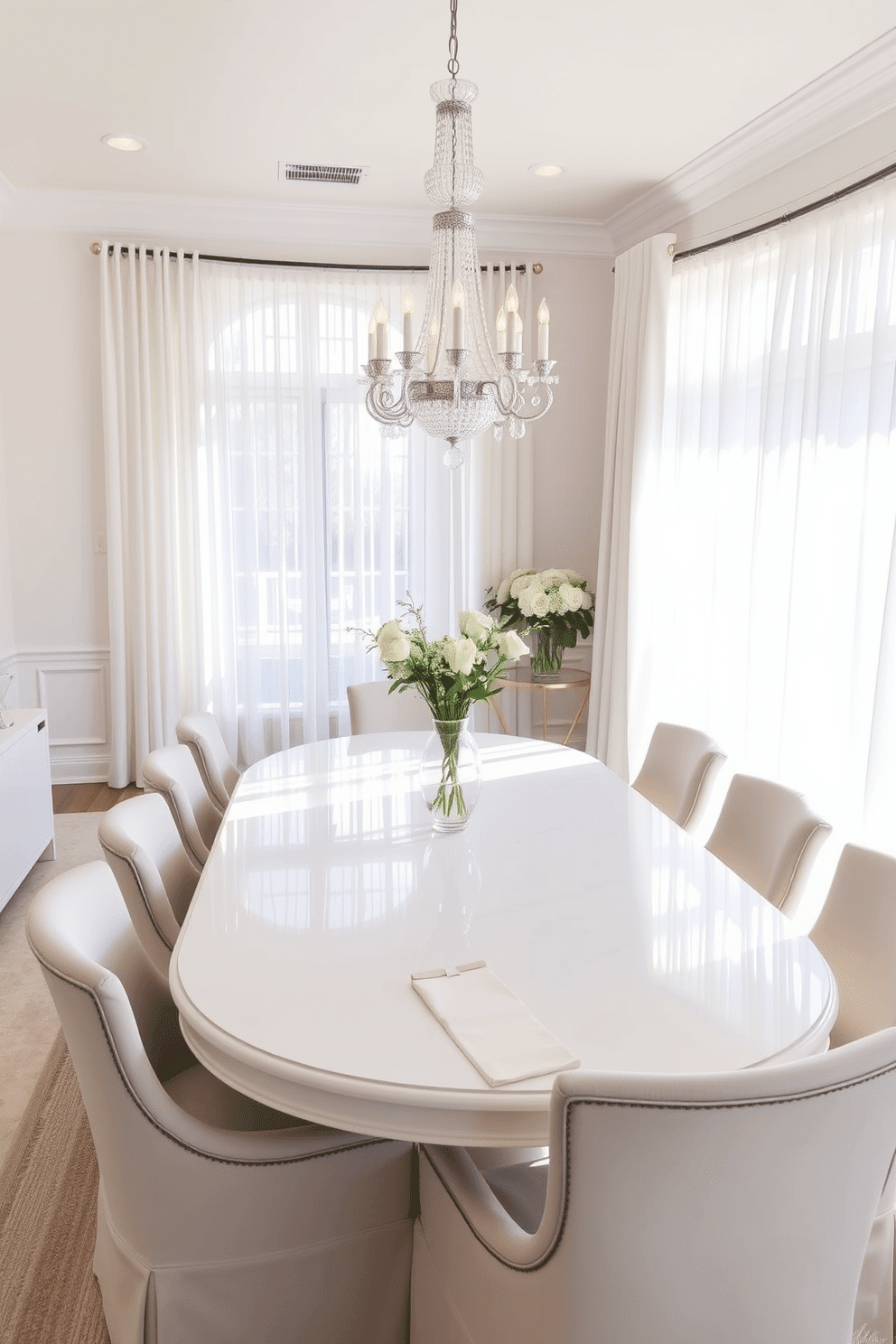 A bright and airy dining room filled with natural light streaming through sheer white curtains. The space features a large, elegant white dining table surrounded by upholstered chairs, creating a welcoming atmosphere for gatherings. The walls are painted in a soft, neutral tone, enhancing the brightness of the room. A statement chandelier hangs above the table, adding a touch of sophistication and warmth to the overall design.