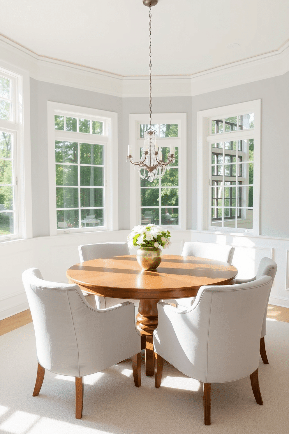 A bright and airy white dining room features a round wooden table at its center, surrounded by plush upholstered chairs in a soft gray fabric. Large windows allow natural light to flood the space, highlighting the elegant white wainscoting and the subtle texture of the pale gray walls.