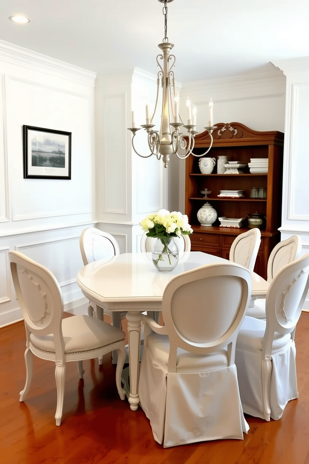 A bright and airy dining room featuring a mix of modern and vintage white pieces. A sleek white dining table is surrounded by elegant white upholstered chairs with intricate detailing, creating a harmonious blend of styles. The walls are adorned with subtle white wainscoting, adding depth and texture to the space. A vintage chandelier with a distressed finish hangs above the table, providing a focal point and a touch of charm.