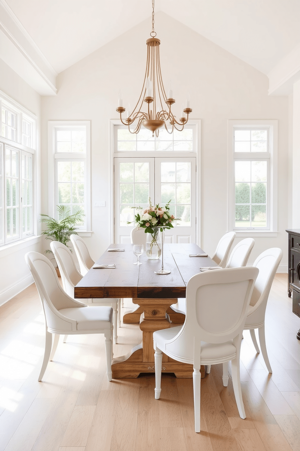 A bright and airy dining room features a rustic wooden table at its center, surrounded by elegant white dining chairs that enhance the space's lightness. Large windows allow natural light to flood in, illuminating the soft, neutral tones of the walls and creating a welcoming atmosphere. The table is adorned with a simple yet stylish centerpiece, consisting of a vase filled with fresh flowers. A statement chandelier hangs above, adding a touch of sophistication and warmth to the overall design.