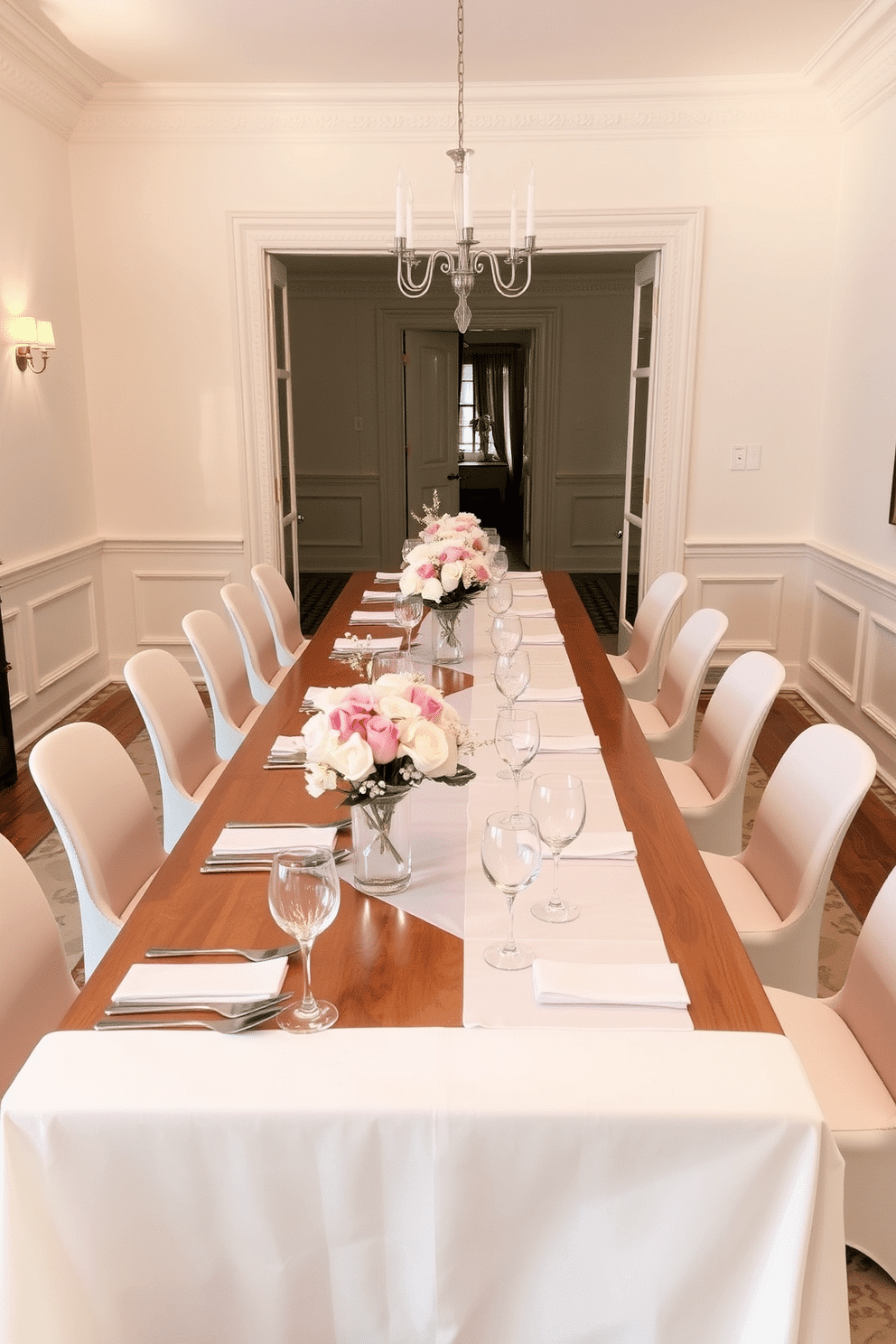 An elegant table setting features a long, polished wooden table adorned with delicate floral centerpieces in varying heights. Soft, ambient lighting casts a warm glow over the white dining room, highlighting the crisp white table linens and fine china. The walls are painted in a soft cream hue, complemented by white wainscoting that adds a touch of sophistication. Sleek, modern dining chairs surround the table, each upholstered in a light fabric that enhances the airy feel of the space.