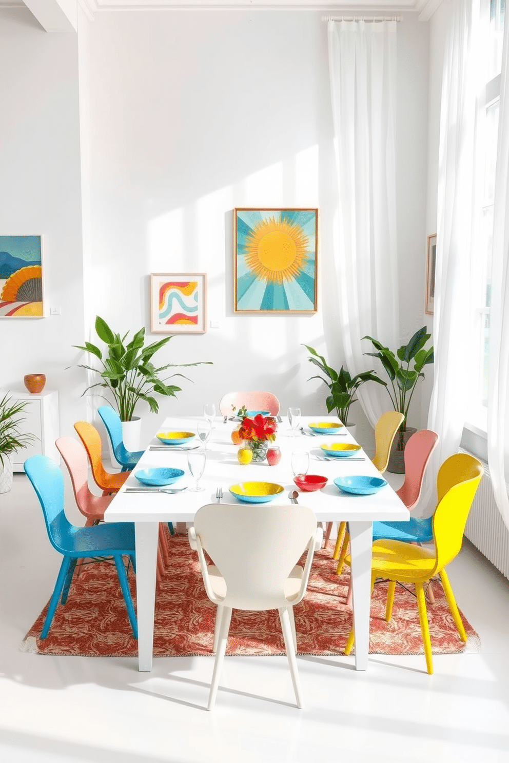 A bright and inviting dining room features a large white table set with vibrant tableware, including plates in shades of blue, yellow, and red. The walls are adorned with cheerful artwork that complements the colorful theme, while natural light floods the space through large windows draped with sheer white curtains. Around the table, stylish chairs in a mix of pastel colors provide a playful contrast to the crisp white backdrop. Potted plants in the corners add a touch of greenery, enhancing the fresh and lively atmosphere of the room.