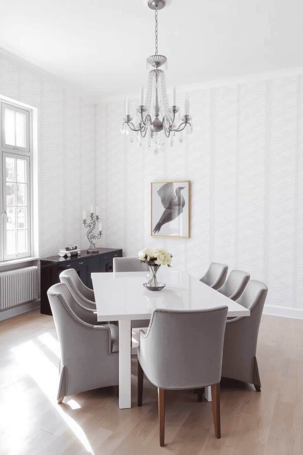 A bright and airy dining room features textured white wallpaper that adds depth and sophistication to the space. A sleek white dining table is surrounded by upholstered chairs in soft grey fabric, creating a harmonious balance of textures. Natural light floods the room through large windows, highlighting the subtle patterns in the wallpaper. A statement chandelier hangs above the table, providing an elegant focal point and enhancing the room's overall ambiance.