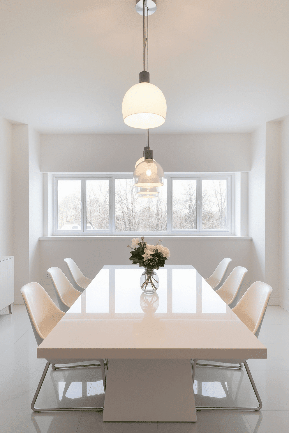 Bright pendant lights hang gracefully over a sleek dining table, casting a warm glow that enhances the inviting atmosphere. The dining room features a crisp white color palette, with elegant white chairs that complement the modern aesthetic. The walls are adorned with subtle textures, adding depth to the pristine space. A large window allows natural light to flood in, creating a bright and airy feel that makes the room perfect for gatherings.