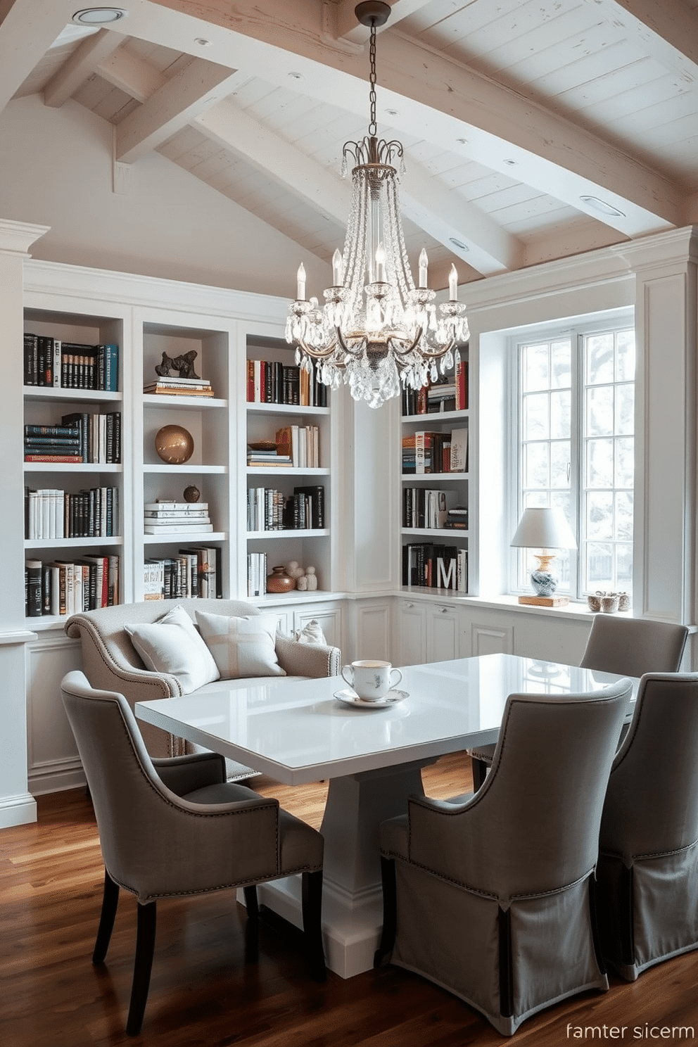 Cozy nook with whitewashed wood beams. A plush, oversized armchair is nestled in the corner, adorned with soft throw pillows and a warm blanket. The walls are lined with bookshelves filled with an array of books and decorative items. A small side table holds a steaming cup of tea, inviting relaxation and comfort. White Dining Room Design Ideas. A sleek, rectangular dining table is surrounded by elegant upholstered chairs in a soft gray fabric. Above the table, a stunning chandelier with crystal accents casts a warm glow, enhancing the room's airy feel.