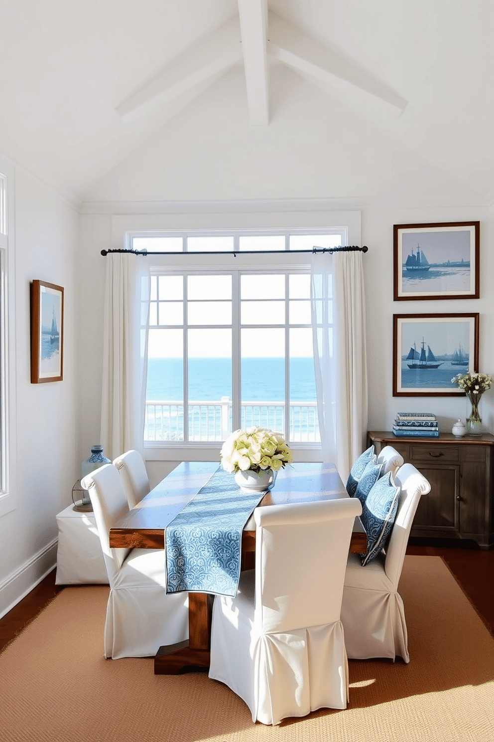 A serene coastal-themed dining room features crisp white walls adorned with nautical artwork. The space is accented with blue decor elements, such as a patterned table runner and cushions on the chairs, creating a fresh and inviting atmosphere. The dining table is a rustic wooden piece surrounded by white slipcovered chairs, enhancing the coastal vibe. Large windows allow natural light to flood the room, with sheer white curtains gently framing the view of the ocean beyond.