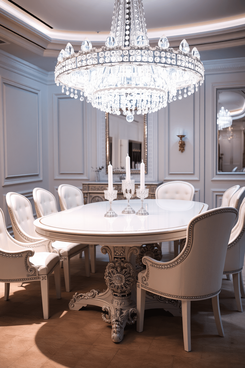 Luxurious white table with crystal details. The table features an elegant design with intricate crystal accents that catch the light beautifully. Surrounding the table are plush white upholstered chairs, each adorned with subtle silver trim. The dining room is bathed in soft, ambient lighting from a stunning crystal chandelier overhead, enhancing the opulent atmosphere.