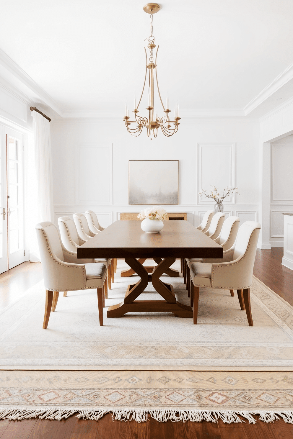 A bright and airy dining room features a large wooden table surrounded by elegant upholstered chairs. Beneath the table, layered rugs in soft neutrals and subtle patterns add warmth and texture to the space. The walls are painted in a crisp white, enhancing the room's openness and light. A stylish chandelier hangs above the table, providing a focal point and a touch of sophistication.