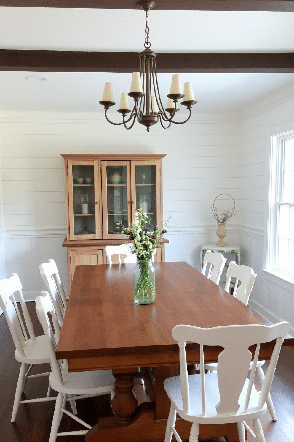 A charming farmhouse dining room featuring a rustic wooden table surrounded by mismatched white chairs, each with unique designs and finishes. The walls are adorned with shiplap, and a large window allows natural light to flood the space, highlighting the soft, neutral color palette. In the center of the table, a simple yet elegant centerpiece of wildflowers in a mason jar adds a touch of warmth. A vintage chandelier hangs above, casting a warm glow over the inviting setting, perfect for family gatherings and cozy dinners.