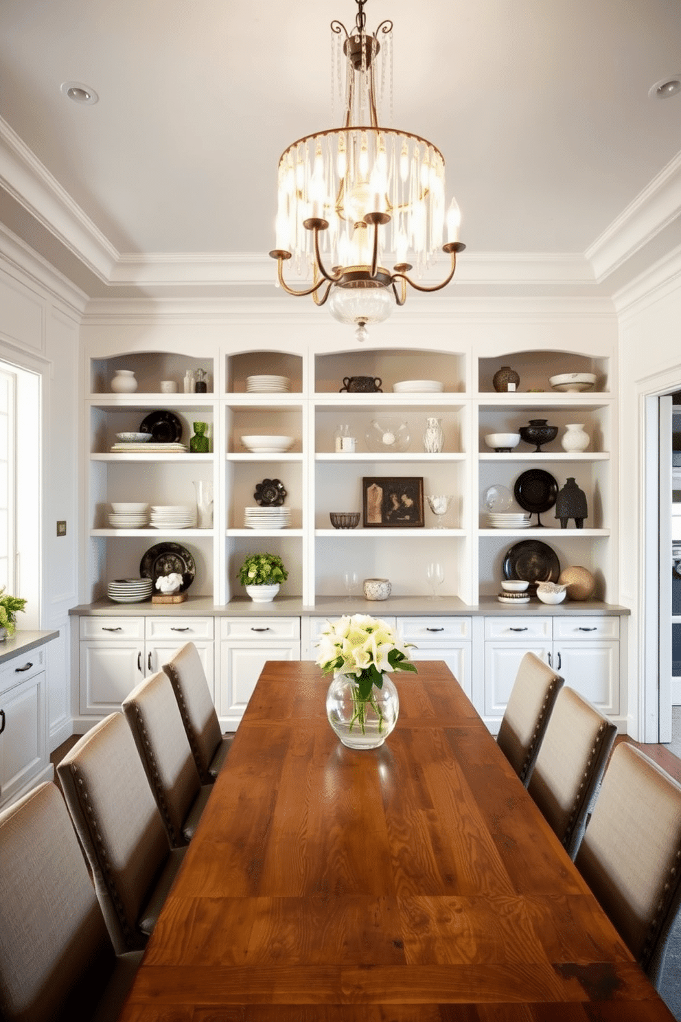 A bright dining room features white cabinetry with open shelving, showcasing an elegant collection of dishware and decorative items. The space is illuminated by a stunning chandelier that hangs above a long, rustic wooden dining table surrounded by upholstered chairs.