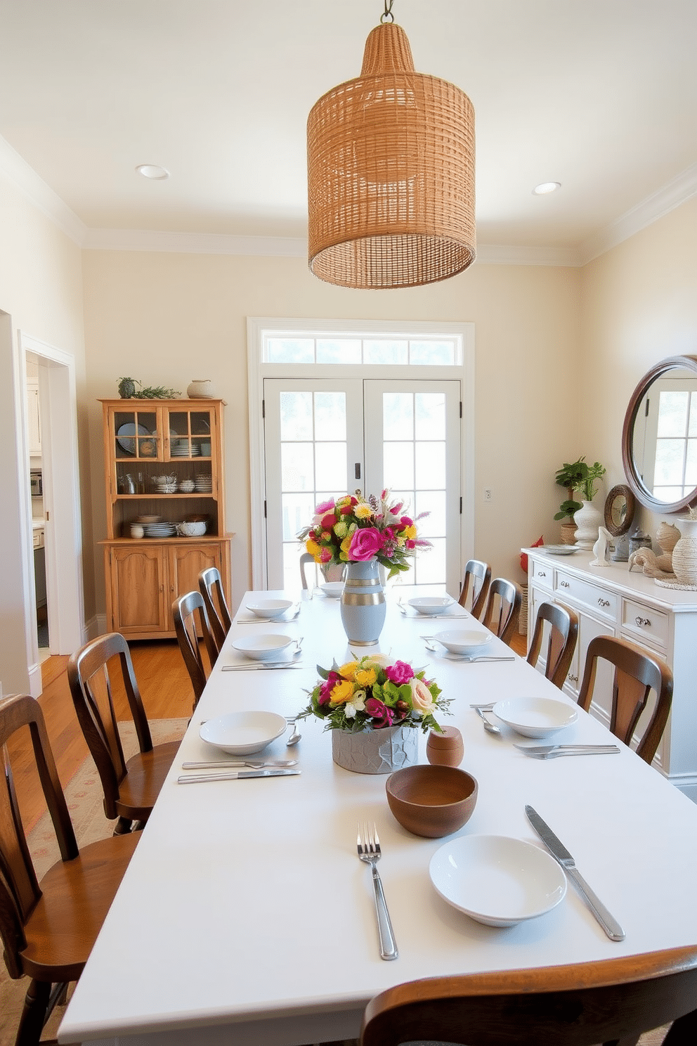 A warm and inviting family-style dining room features a long white table set for an elegant meal. Surrounding the table are mismatched wooden chairs that add a touch of rustic charm, while a large pendant light with a woven design hangs above, casting a soft glow. The walls are painted in a soft, creamy beige, complementing the white table and enhancing the room's brightness. A vibrant centerpiece of seasonal flowers sits in a rustic vase, and a sideboard against one wall displays curated dishware and decorative items, creating a welcoming atmosphere for gatherings.