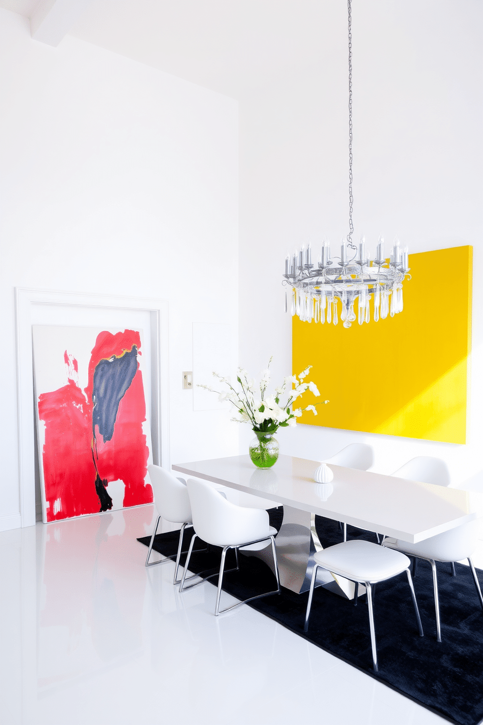 Bright artwork contrasting against white walls. The room features large, vibrant paintings that add a pop of color to the minimalist space, creating a lively atmosphere. White Dining Room Design Ideas. The dining area showcases a sleek white table surrounded by elegant chairs, complemented by a statement chandelier that enhances the airy feel of the room.